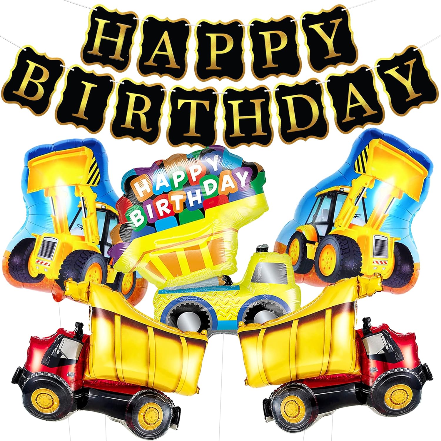 Giant Construction Balloon Set - 32" Truck Balloons With Black & Gold Birthday Banner
