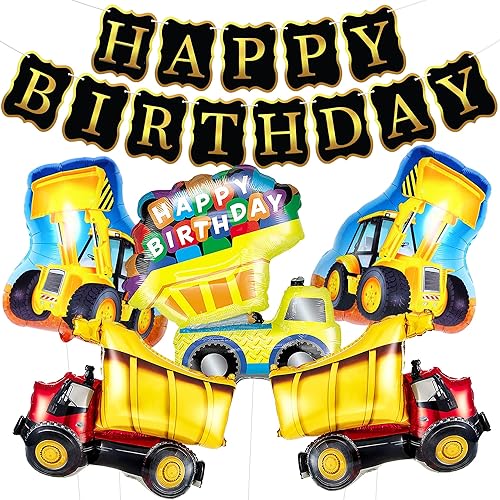 Globos de construcción gigantes de aluminio para fiestas, globos de construcción de camiones de 32 pulgadas Cartel de feliz cumpleaños negro