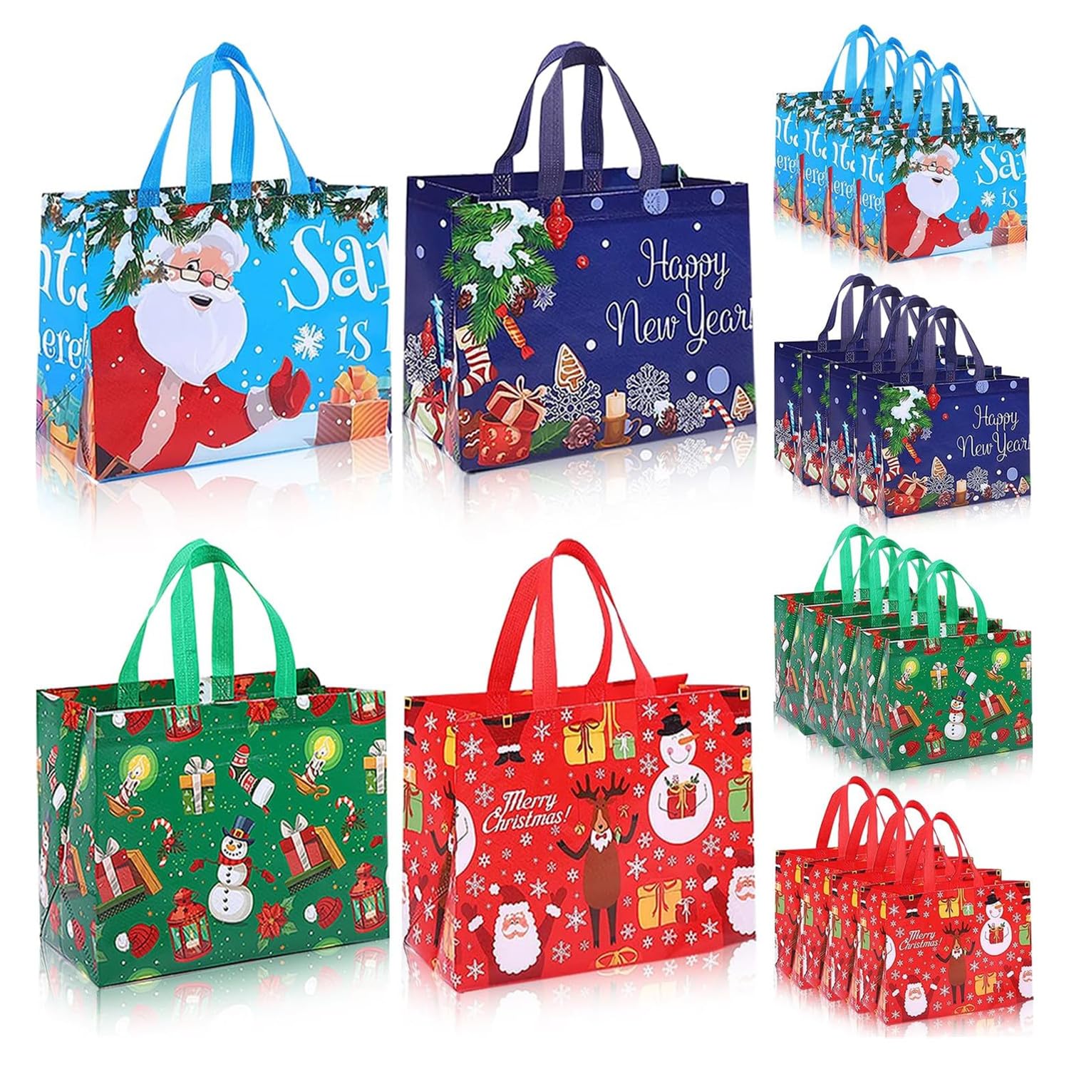 Alleisure Christmas Gift Bags, 16 Pack with Handles, Medium Size Reusable Non-Woven Holiday Bags for Xmas Gifts & Party Supplies, 12.6 x 9.8 x 6.7 in