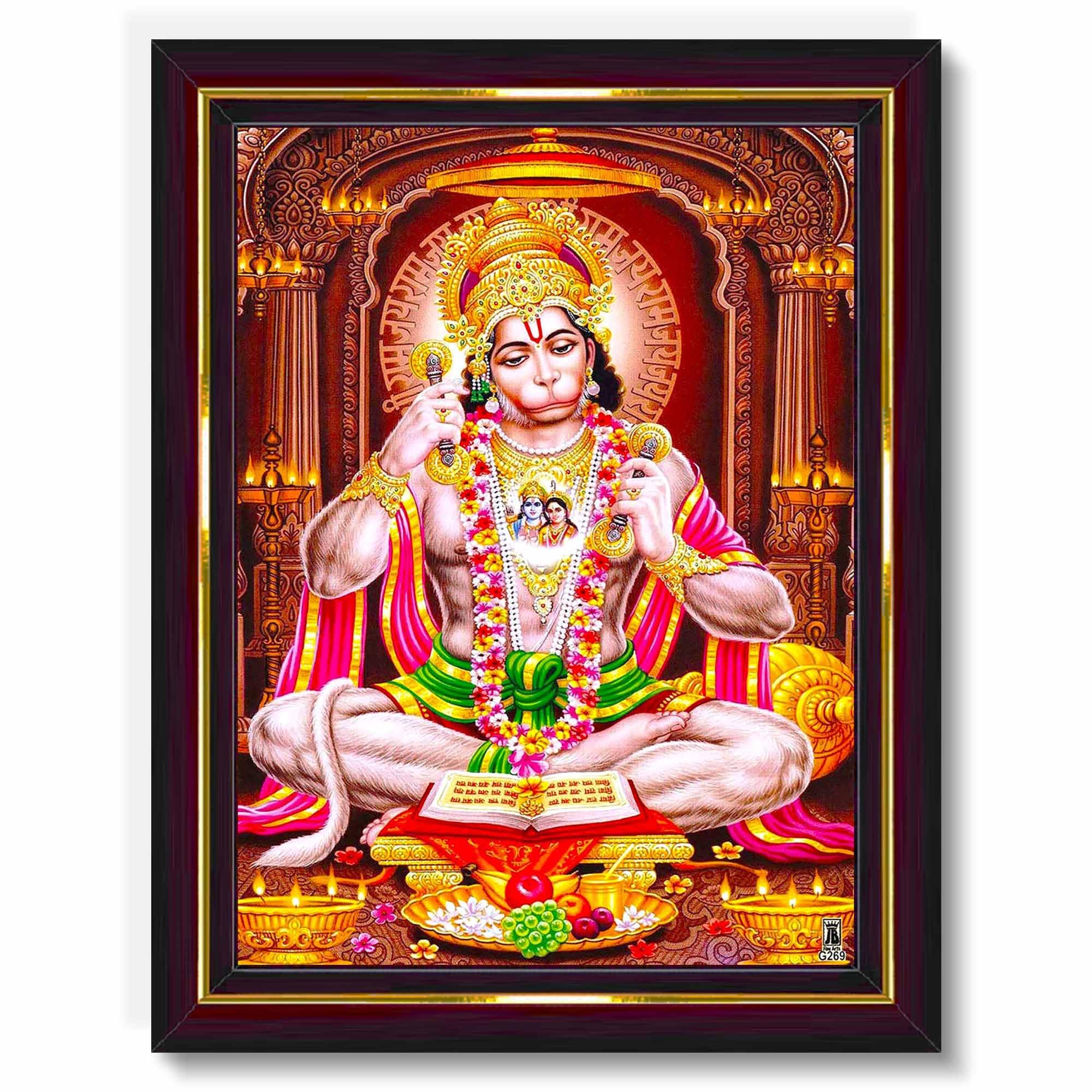 Pavan Photo Laminations Lord Hanuman Ji Hanumanji Jai Bajrangbali Wall Painting Framed Home Decor (Wood,Matte,Brown,Small Size,6 x 8 Inch) B764S