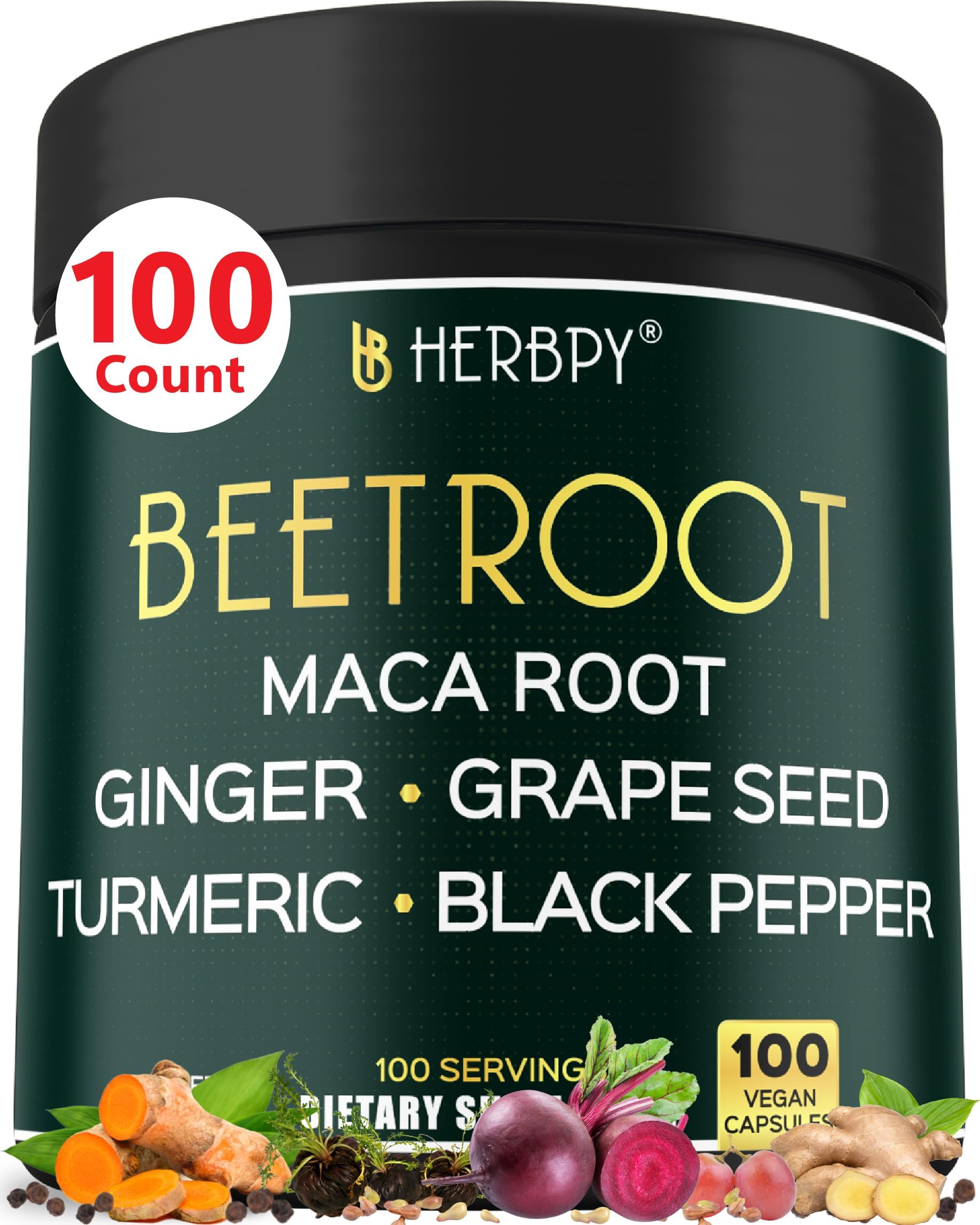Herbpy 6in1 Beetroot Supplement with Maca Root, Grape Seed, Ginger, Turmeric and Black Pepper for Heart Health & Immune Support - 100 Vegan Capsules
