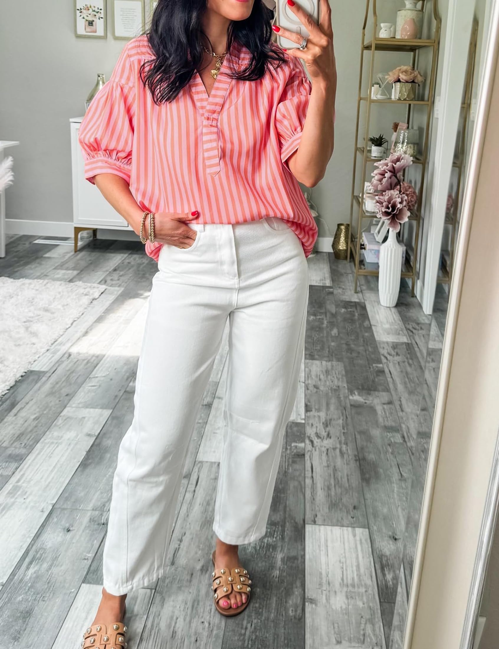 Blusa de manga corta abombada para mujer, a rayas, cuello en V, para verano, negocios, casual, lindo, babydoll, bohemio, holgada