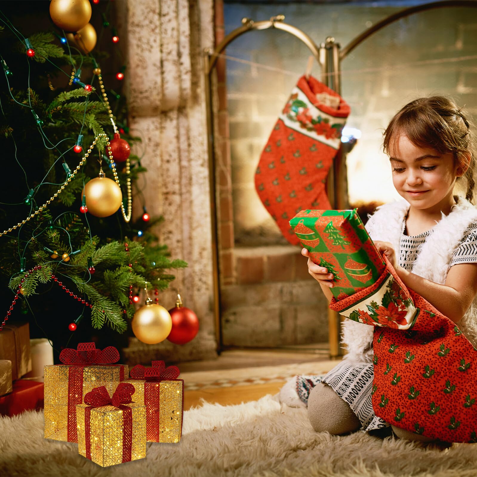 Weihnachtsdekoration LED Geschenkbox 3 Stück Leuchtende Tisch und Fensterdeko Wiederverwendbar Sicher für Senioren