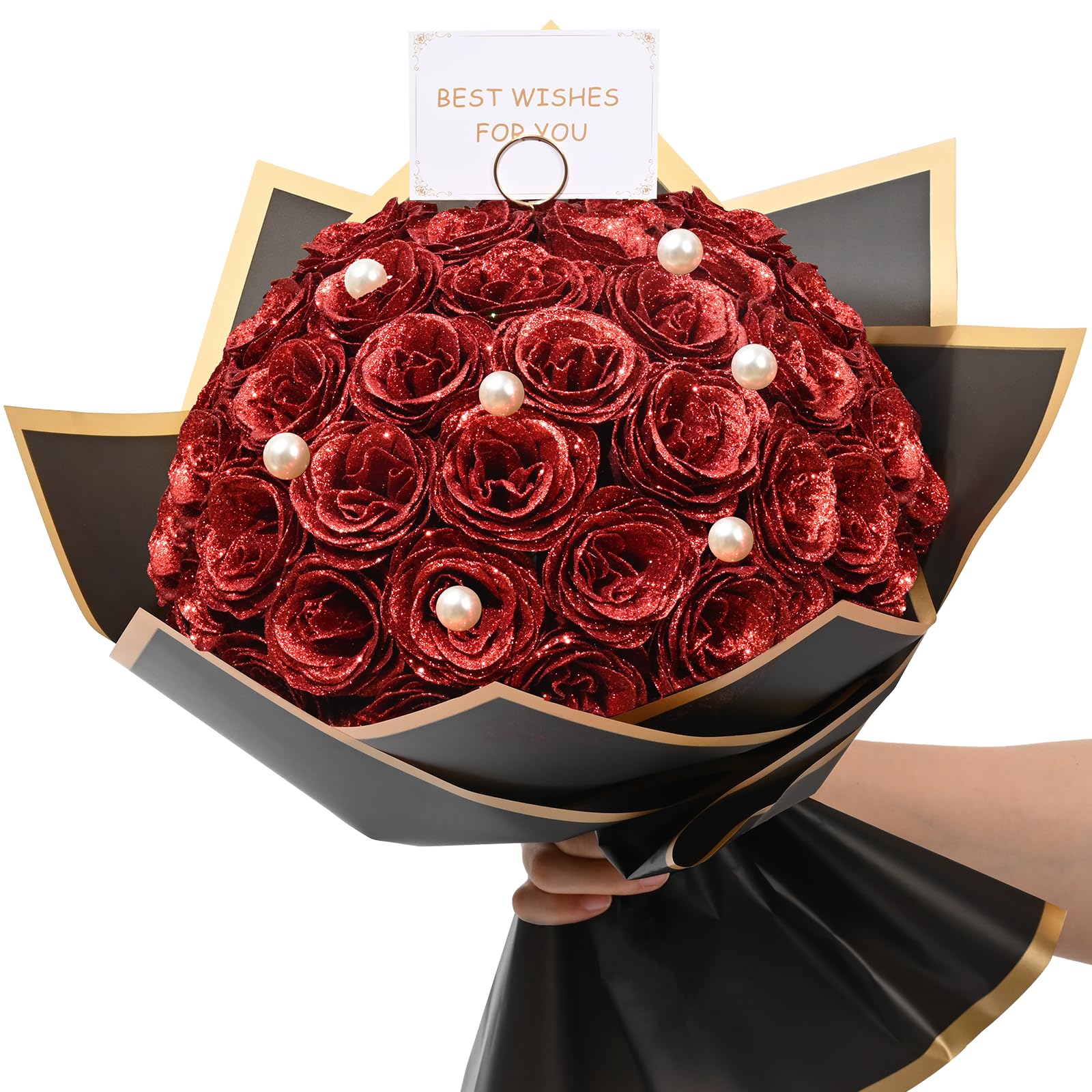 Xixining グリッターローズブーケ レッド人工ローズフラワーブーケ