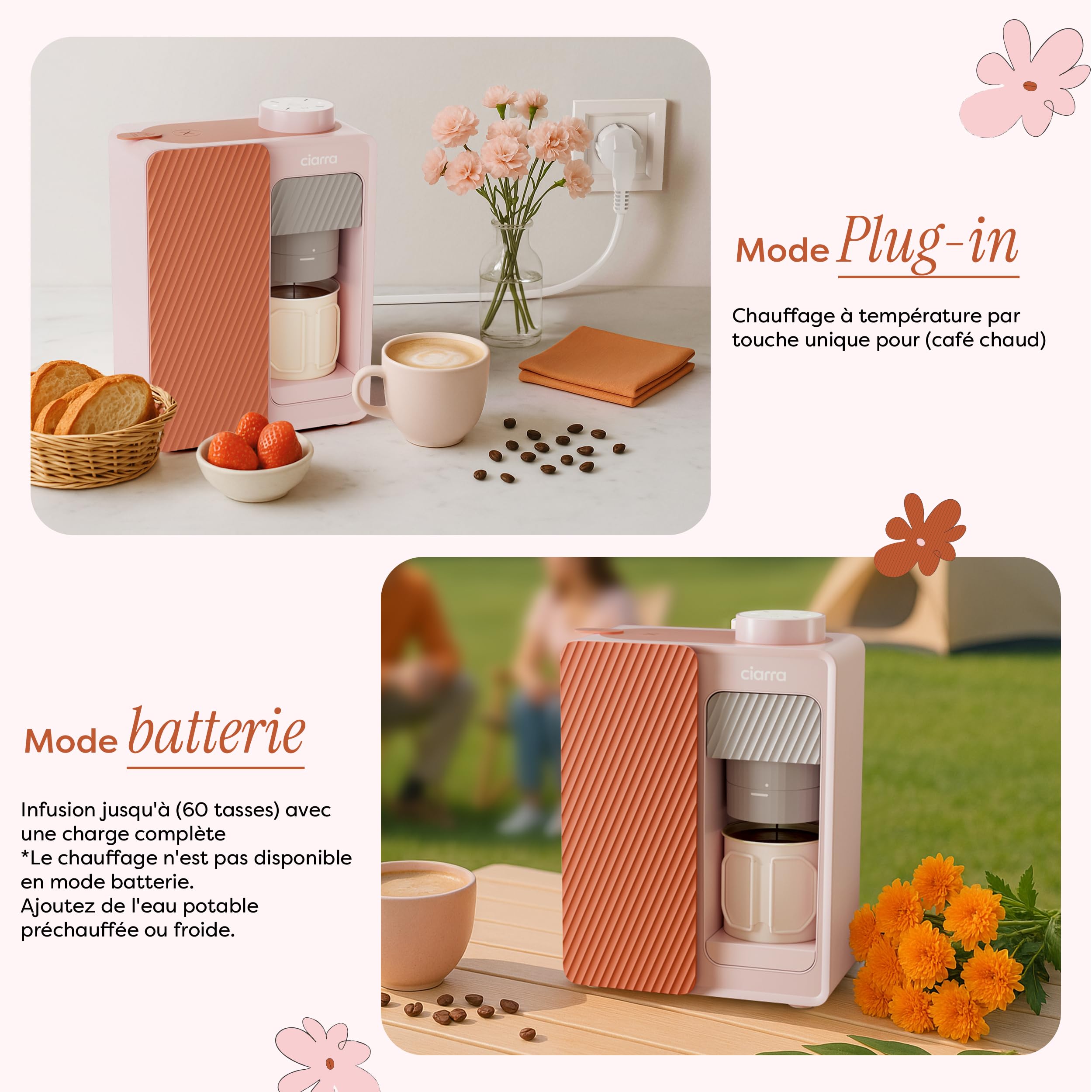 CIARRA Bloom Box Cafetière Portable - Machine à Espresso Nomade 15 Bars, Chauffage & Nettoyage Automatiques, Double Alimentation (Batterie & Secteur), Réservoir 180 ml - CBPCM551-P