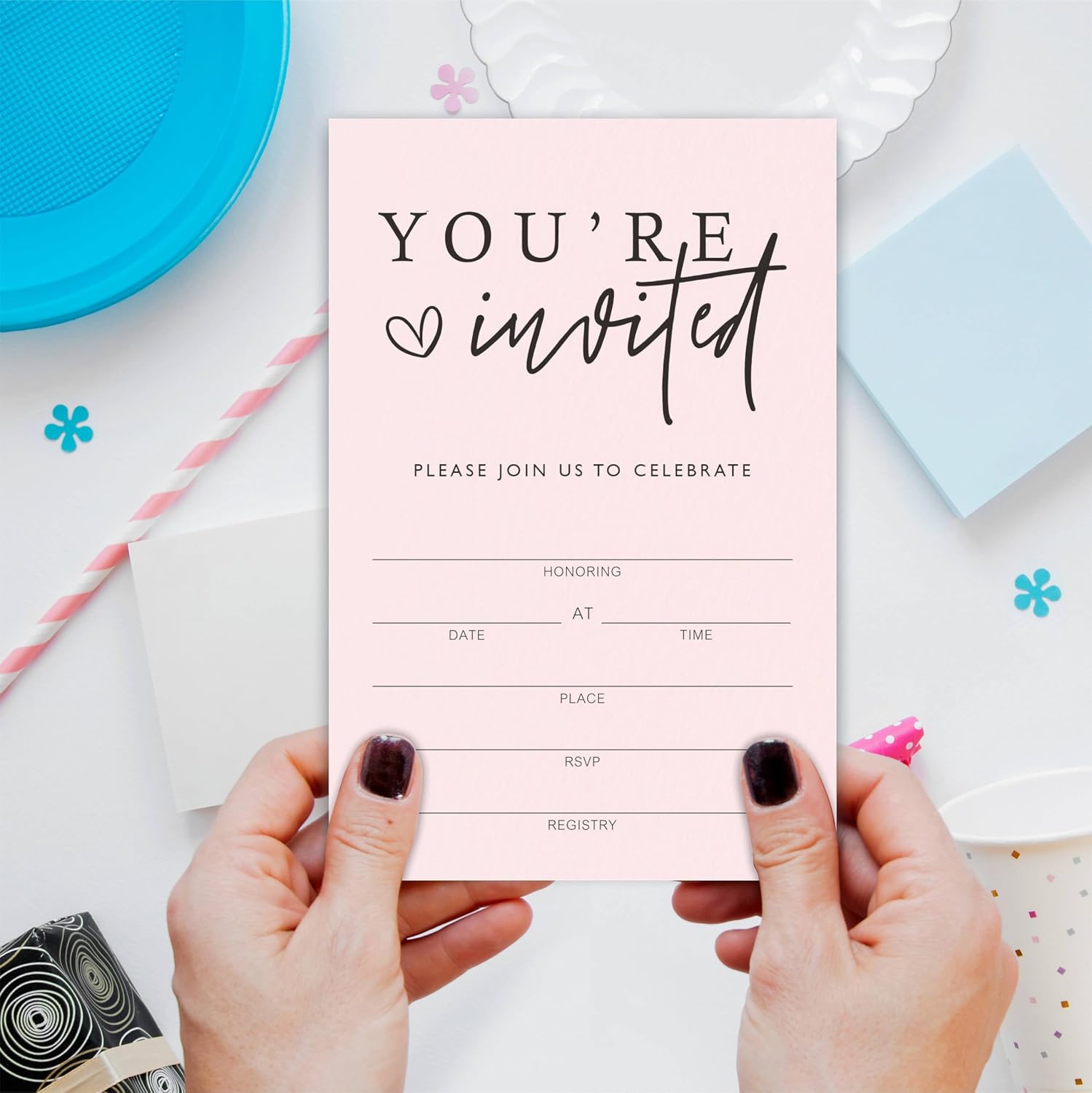 You're Invited! Classic Party Invitations, Blush Pink Calligraphy Invitations For All Occasions, 25 Invite Cards With Envelopes Birthday, Baby Shower, Bridal Showers, Party Favors & Decorations - 03