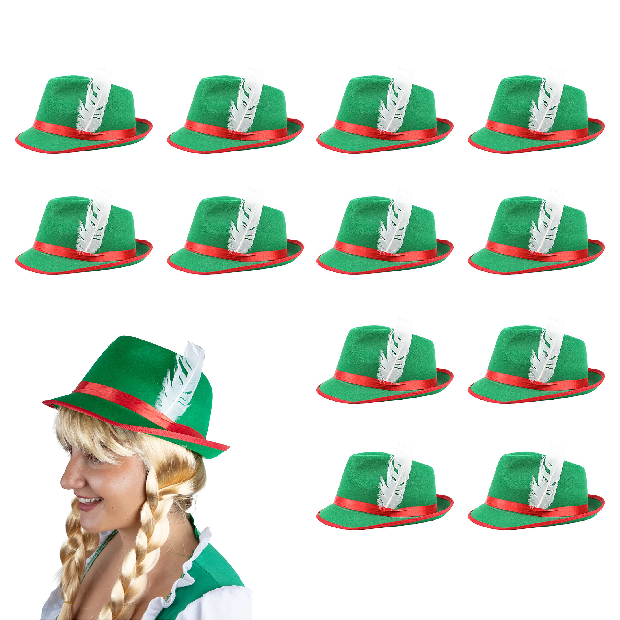 ILOVEFANCYDRESS 12 X-Cappello Bavarese Verde Tyrolean in Feltro, Motivo: Piume, Colore: Oktoberfest Beer Festival Berretto in Feltro