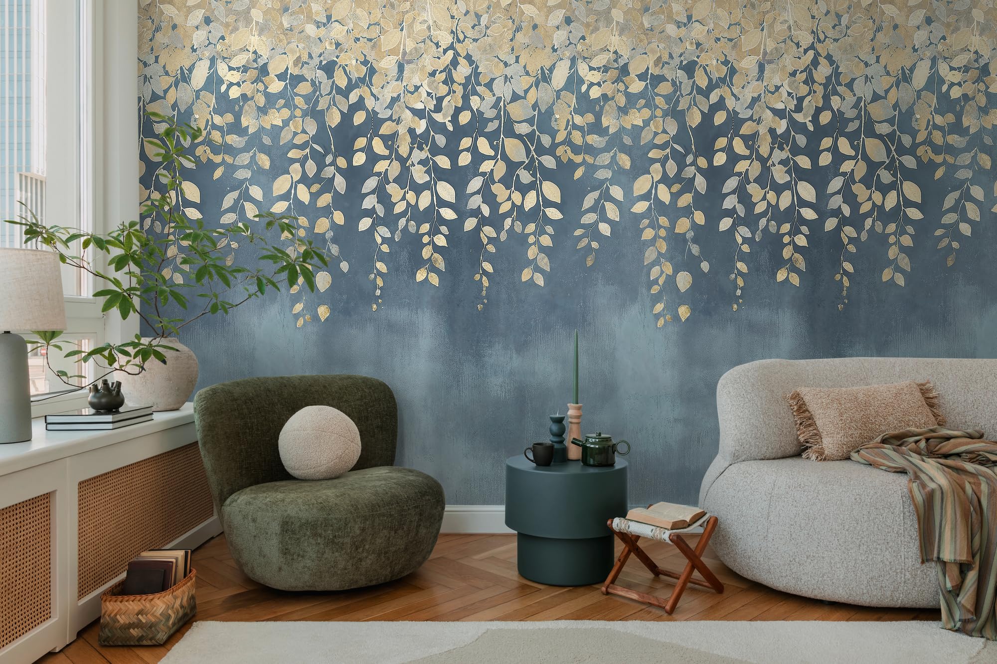 Livingwalls CosmoLiving Non-Woven Wallpaper with Leaf Design in Blue, Cream, Yellow – 8,80 x 0,53 m Floral Wallpaper by Cosmopolitan – 791442