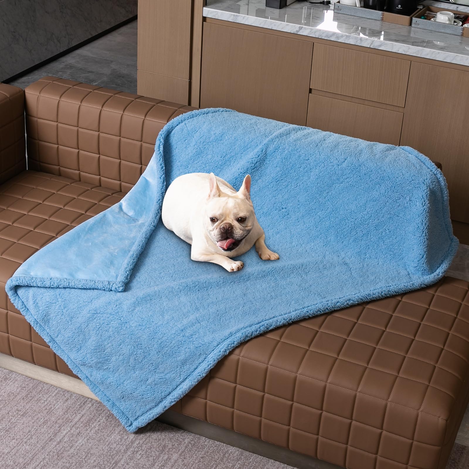 Maidewow Waterproof Dog Blanket Reversible Fluffy Jauquard Pet Throw Blanket for Bed Couch Cover Blue Puppy Blankets Leakproof Sofa Couch Washable Cover Cat Pet Blanket for Warm-Blue,L