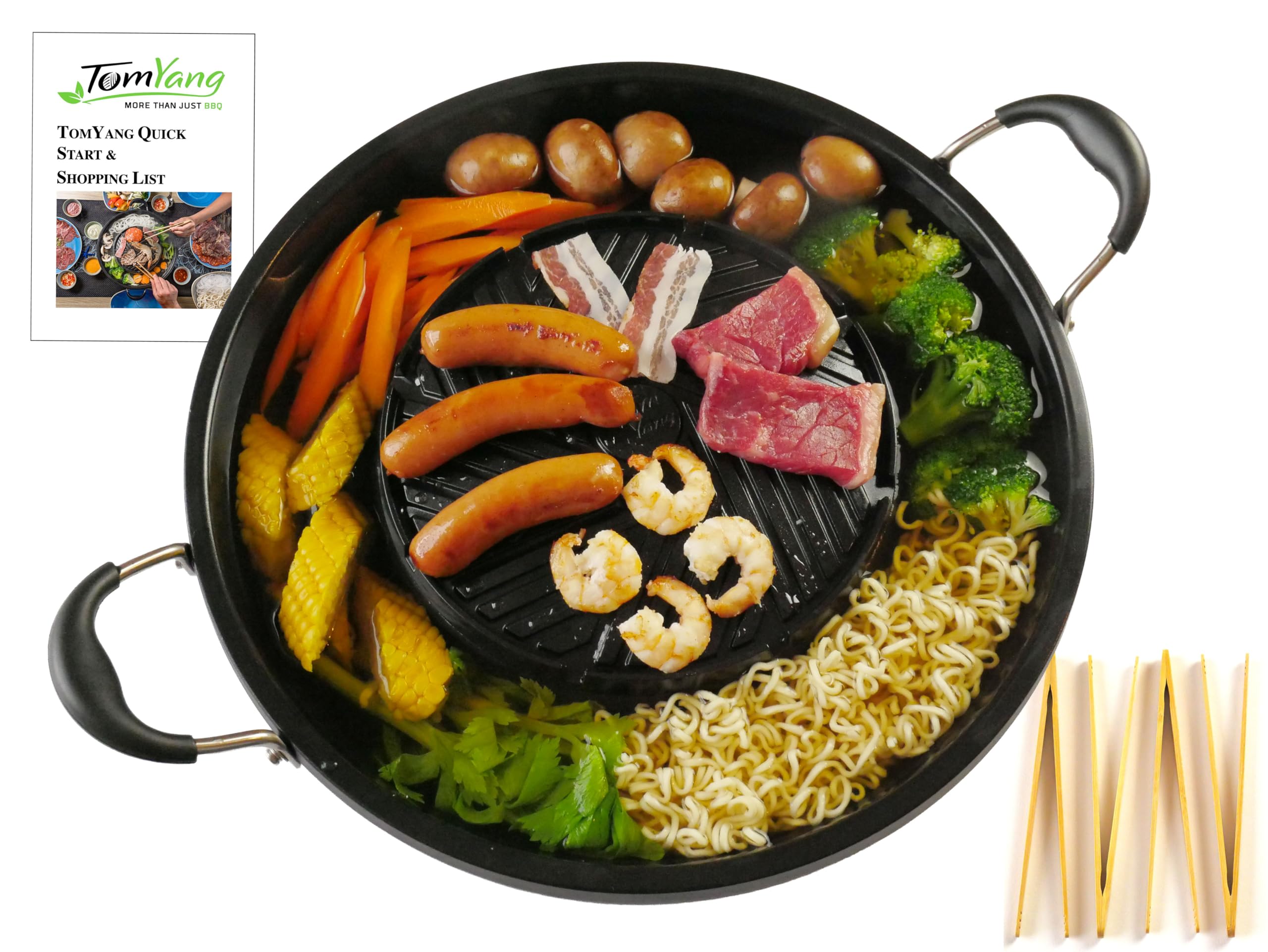 TomYang BBQ Camping Pfanne inkl. 4 Grillzangen – Original Thai Grill & Hot Pot, Korean BBQ Grill, Grillpfanne, Mookata Thai Hot Pot Topf, Antihaftbeschichtung, mehr als 100 Anleitungsvideos & Rezepte