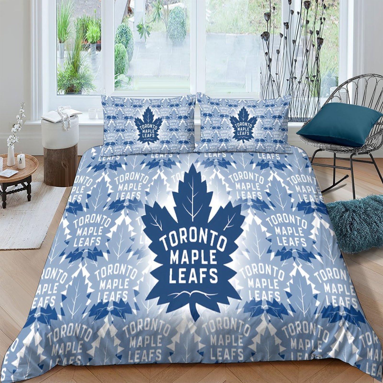 GPLZQXKJNH 3D Printed Maple Leaf Duvet Cover Microfiber Blue Toronto Bedding Set with 2 Pillowcases for Bedroom Decor Single（135x200cm）