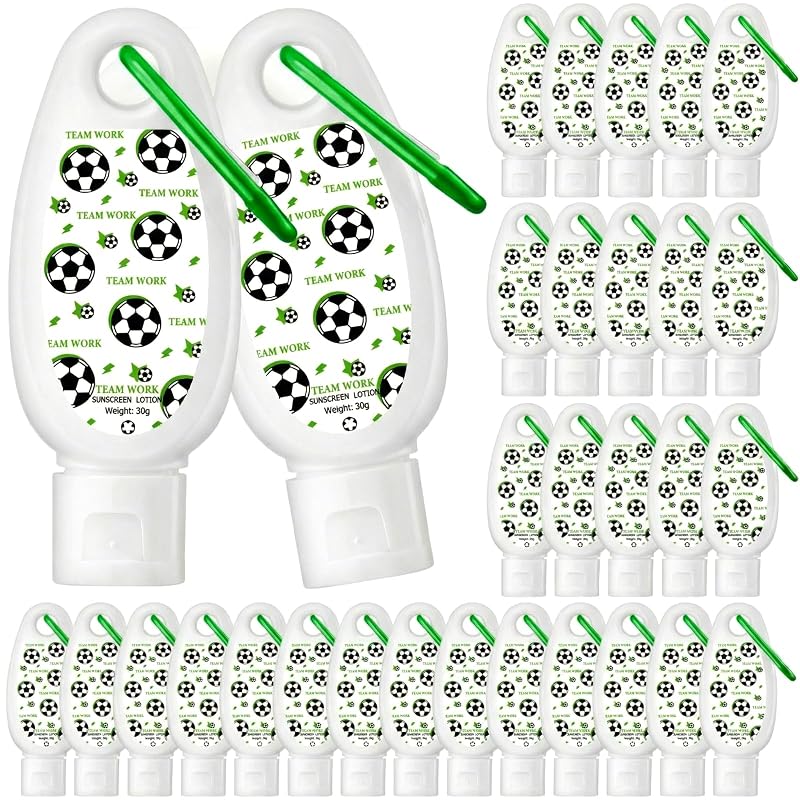 Protetor solar corporal Leelosp com tema de futebol, FPS 30, sem fragrância, 24 unidades de 30 mL com clipe