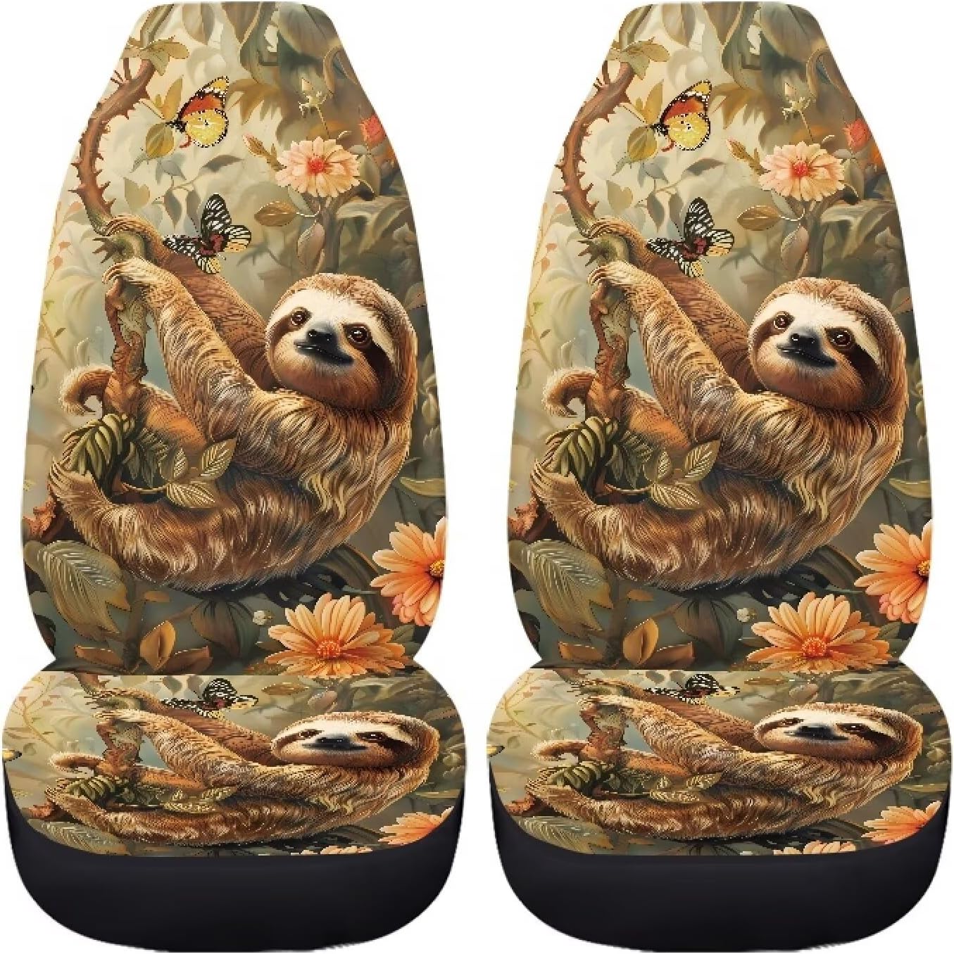 Sloth Daisy Butterfly Pattern Car Seat Covers, Wear-Resisting Bucket Seat Protector Full Set 2 Packs Stretchy Universal Vehicles Interior Decorative for Women Men