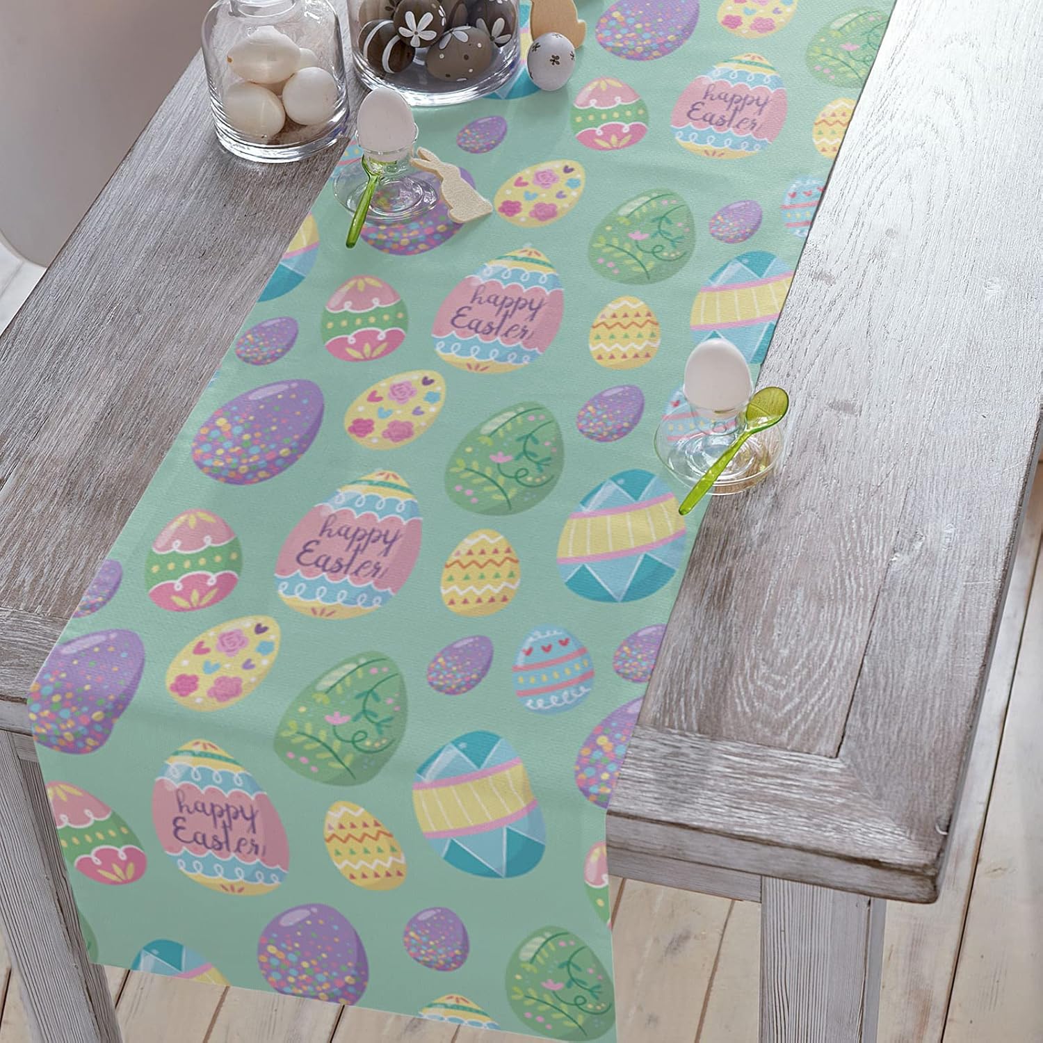 Easter Day Table Runners 13x70inch, Colored Eggs Cotton Linens Table Cloth Dresser Scarves for Parties Wedding, Coffee/Dinning Table Runner, Home Decorations