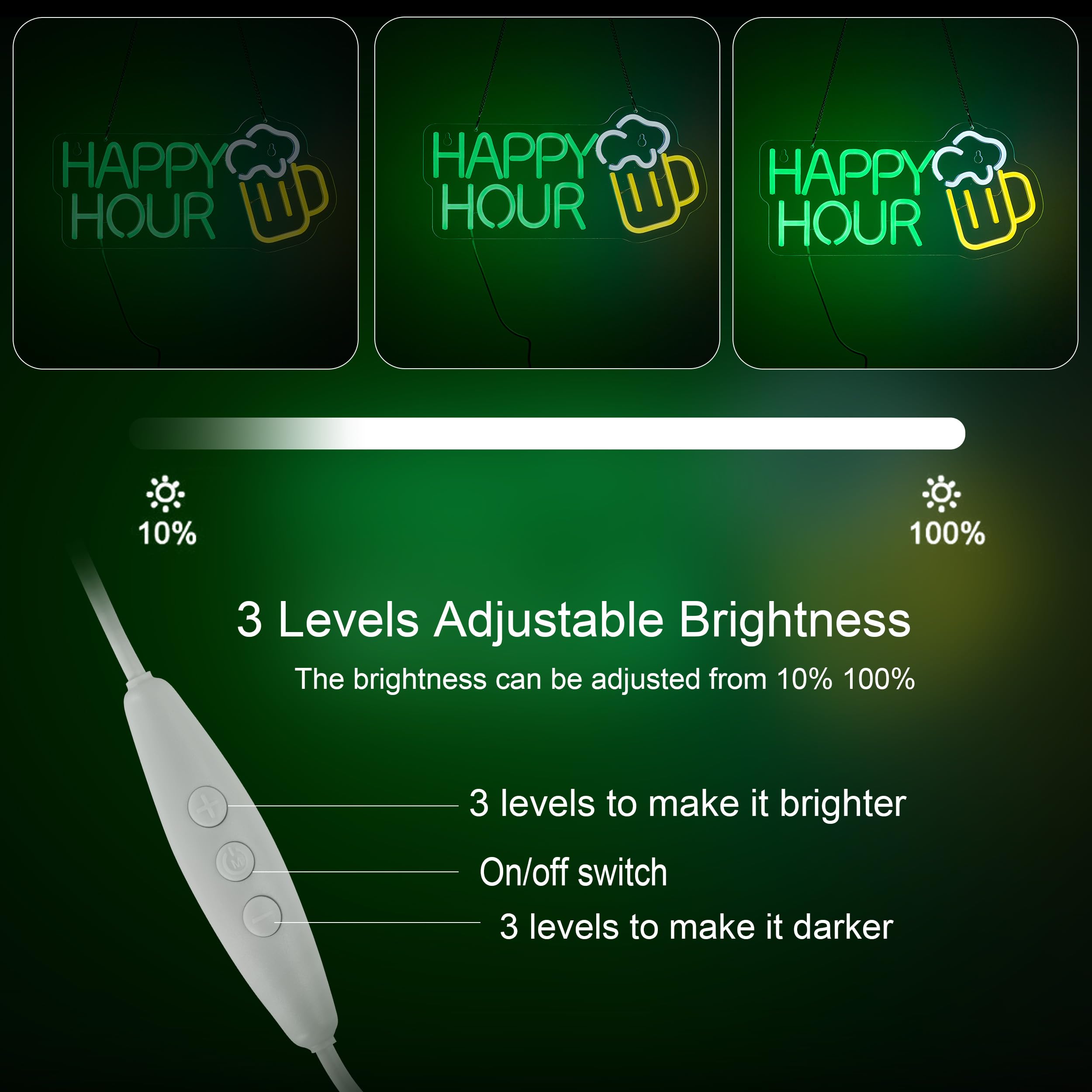 Roouneon Panneau néon LED Happy Hour à intensité variable pour bar, club, chambre à coucher, bureau, hôtel, pub, café, mariage, fête d'anniversaire, décoration murale (43,2 x 20,3 cm)