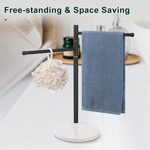 Miniatura 7 de Toallero de mano, soporte para toallas de mano en forma de F con base de mármol, soporte de acero inoxidable con 2 brazos giratorios, toallero de