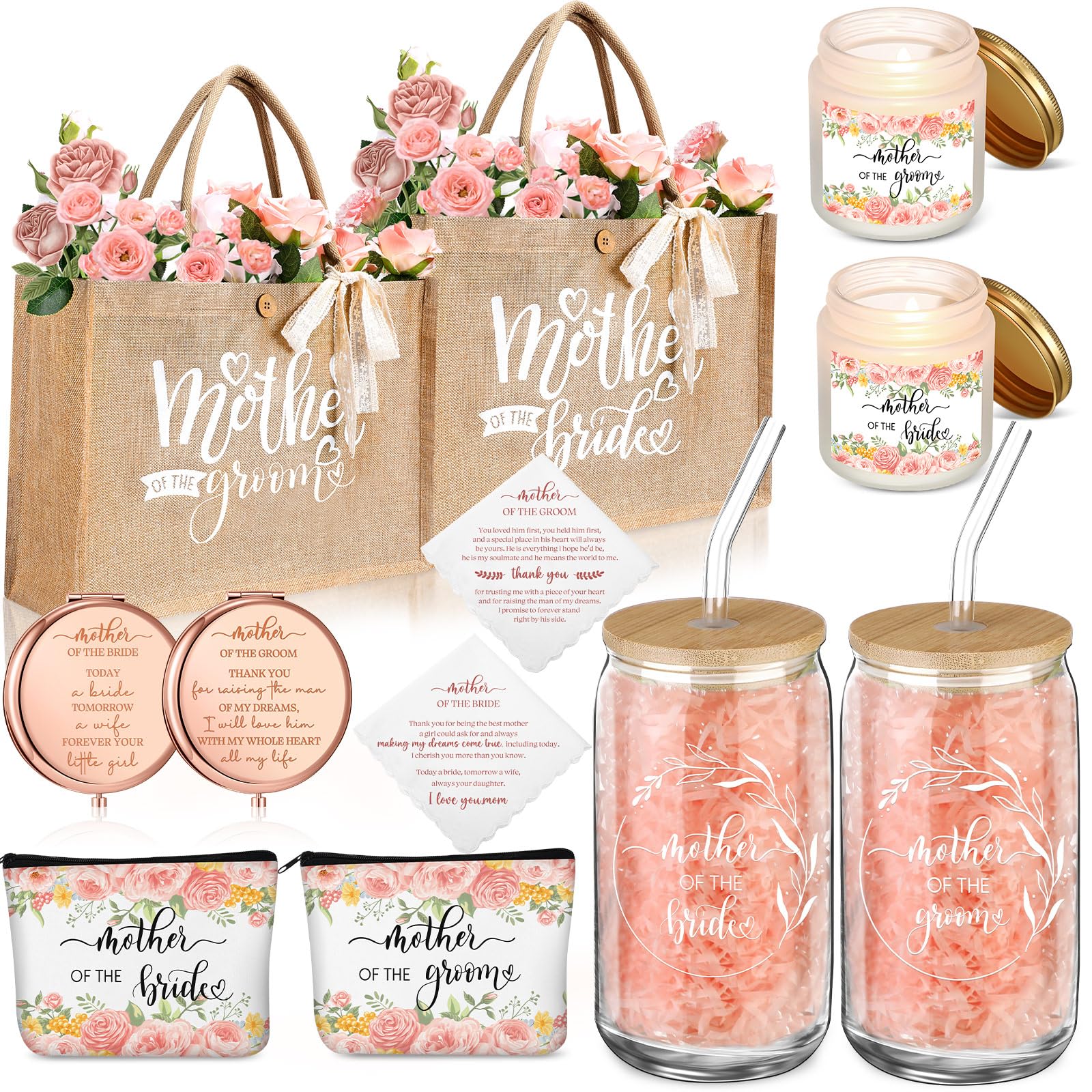 Hushee 2 Sets Mother of the Bride and Mother of the Groom Gifts Set Includes 16 oz Glass Cups Canvas Tote Bags Cosmetic Bag Handkerchief Candle for Mom Bridal Shower Wedding Gifts (Flower)