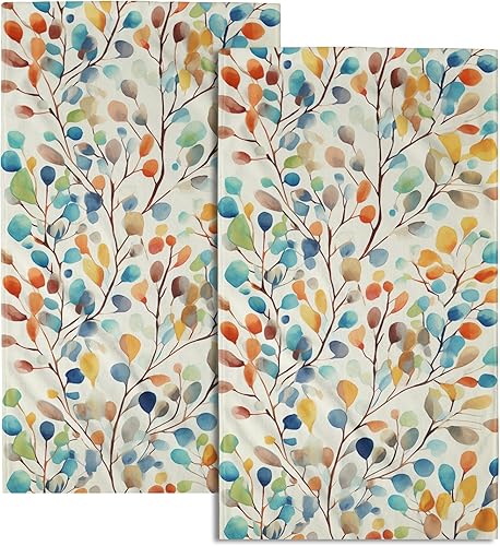 Juego de 2 toallas de mano florales de hojas coloridas, estilo bohemio, primavera, plantas naturales, suaves, absorbentes, para cocina, baño,