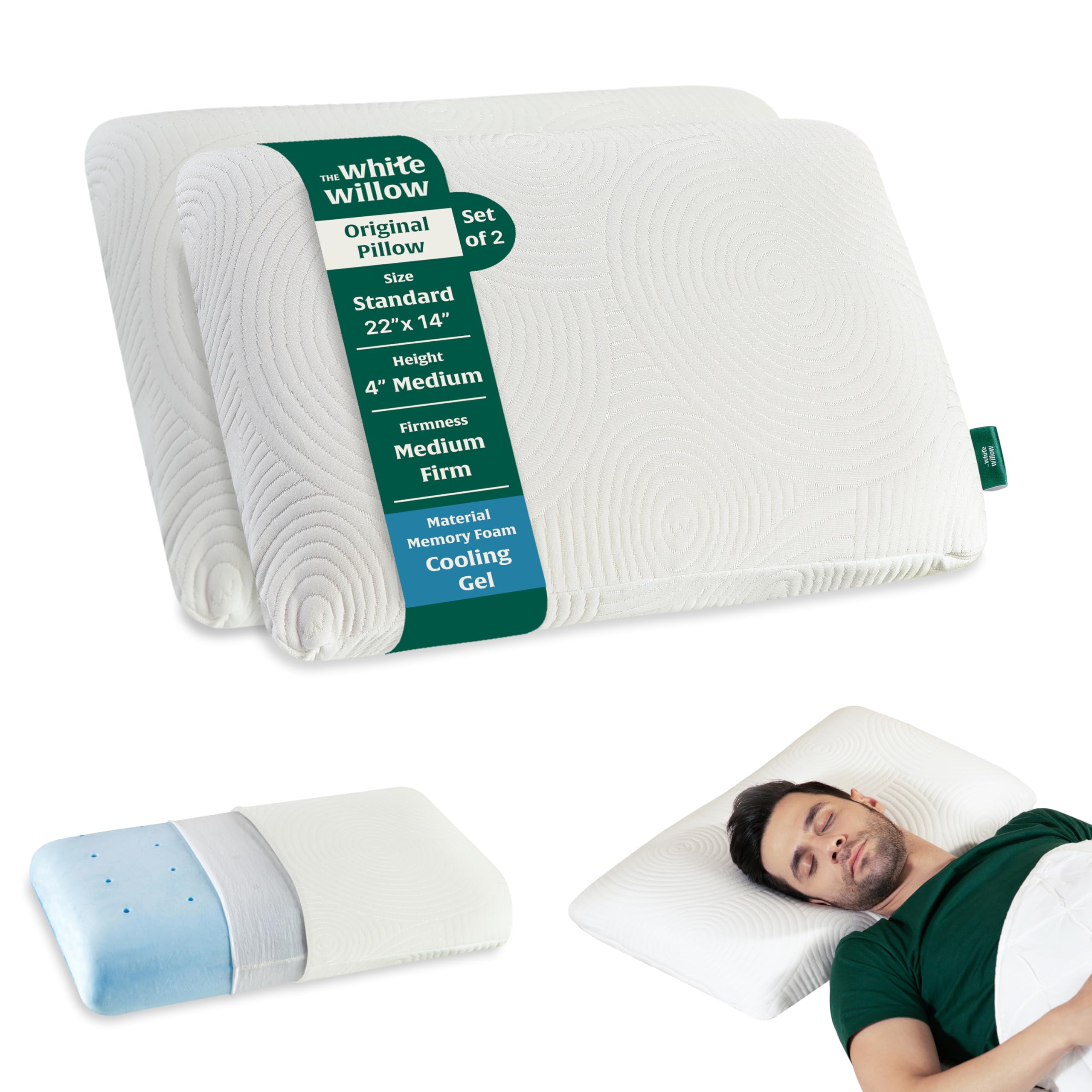 The White Willow Orthopedic Memory Foam Cooling Gel Small Size Neck & Back Support Sleeping Bed Pillow (22”L x 14”W x 4”H Inches)- White