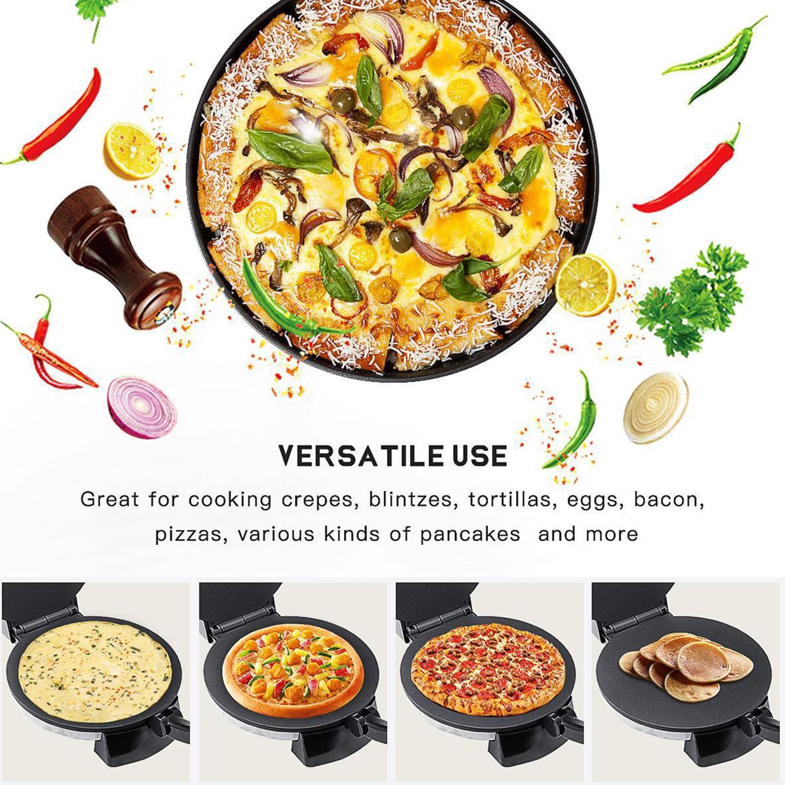 Eléctrica Roti Maker, 1500 W, bandeja antiadherente para hornear, temperatura ajustable, calefacción de doble cara, ideal para chapati, panqueques, crepes, pizza, pita