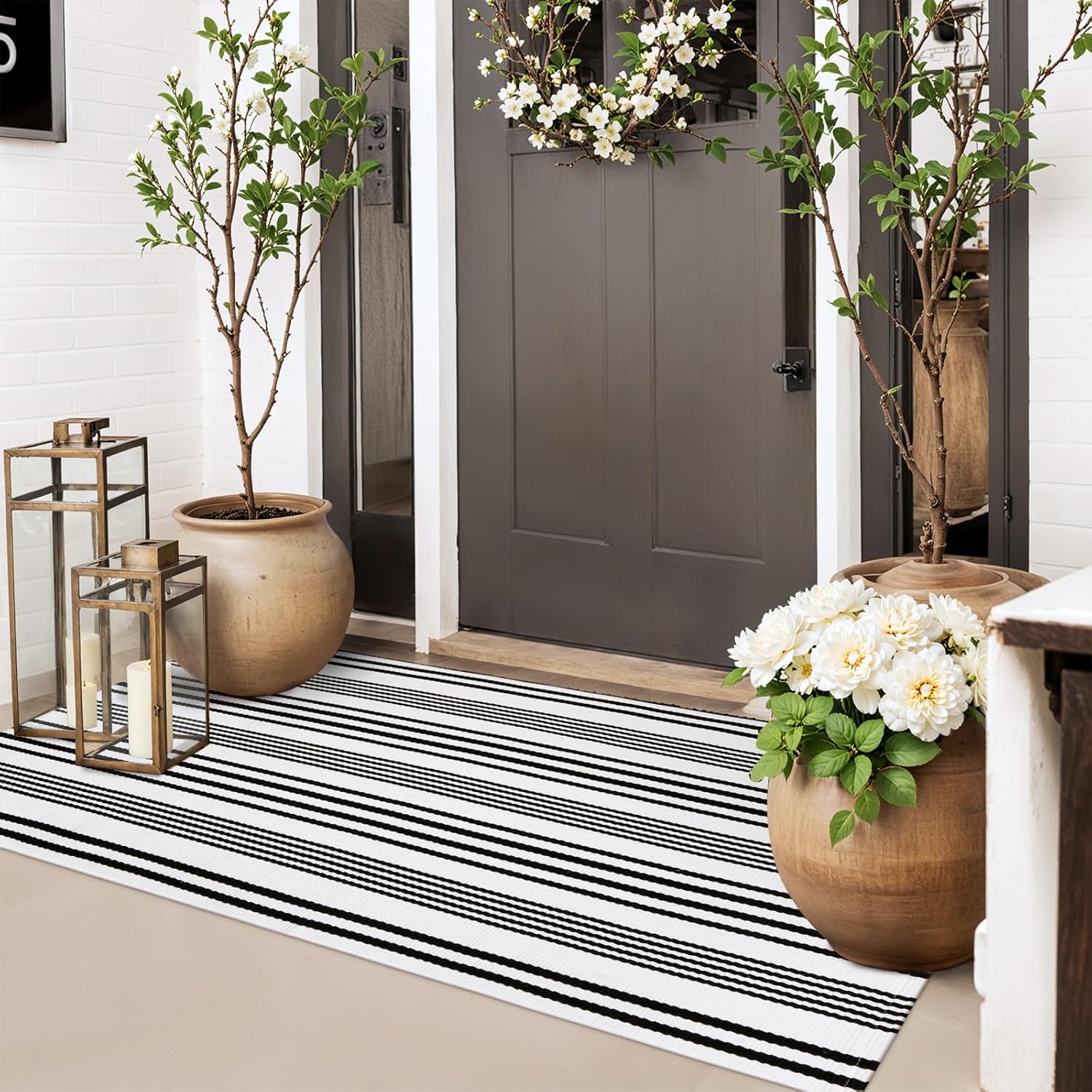 Outdoor Rug Front Door Mat 2'x4.3', Cotton Indoor Doormat Washable Black and White Striped Rug, Foldable Reversible Layered Door Mats for Entryway/Farmhouse/Home Entrance