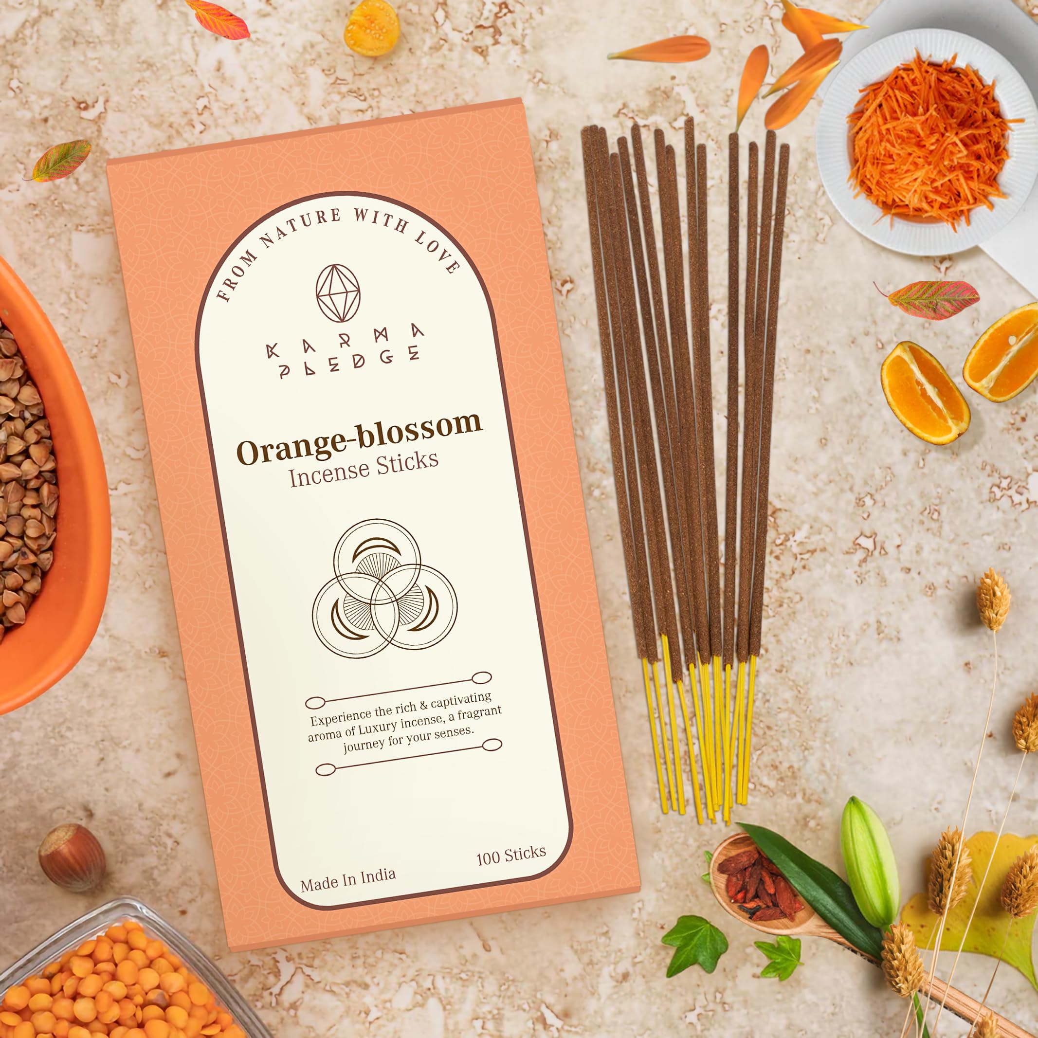 Orangenblüten-Räucherstäbchen, Bio handgetaucht, 100 Stäbchen mit natürlichen Kräutern & aromatischen Inhaltsstoffen, Brenndauer 45 bis 60 Minuten, Räucherstäbchen für Positivität, Meditation,