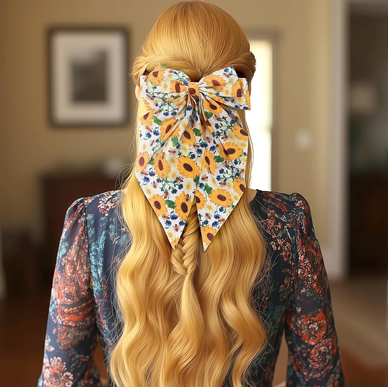 3 PCS Satin Hair Bows for Women and Girls Floral Bow Hair Clips for Thick Curly Hair Large Bowknot Hair Barrettes Sunflower Flower Print Nonslip Claw Hair Accessories - Image 3