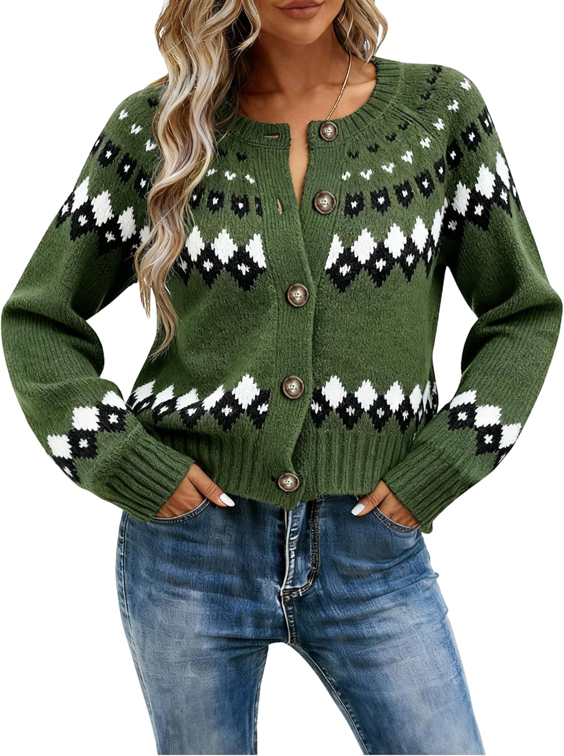 EMMIOL Womens Fair Isle Sweater Cropped Button Up Long Sleeve Cardigans Crewneck Knit Sweater Coats Fall Winter