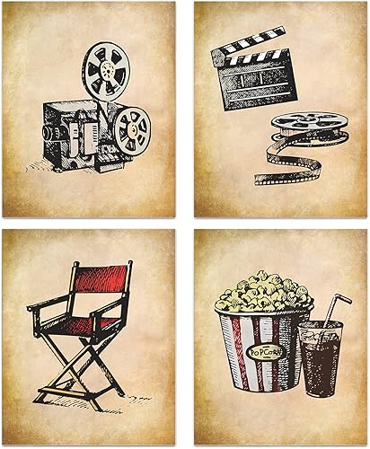 Arte de pared de cine vintage, decoración en lienzo con función de cine en casa, carteles de palomitas de maíz con carrete de película clásica, cine