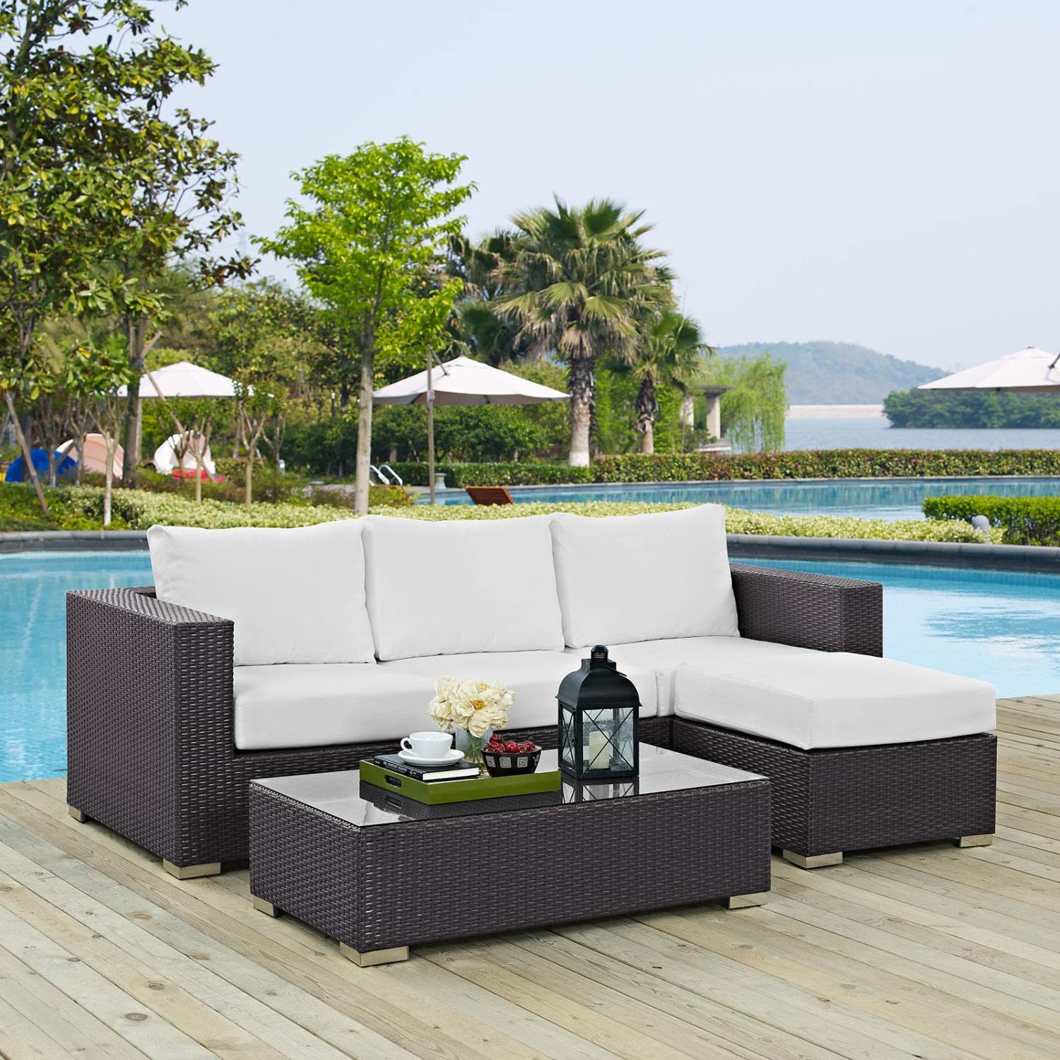 Modway Convene Wicker Rattan 3-Piece Outdoor Patio Furniture Sofa Set in Espresso White