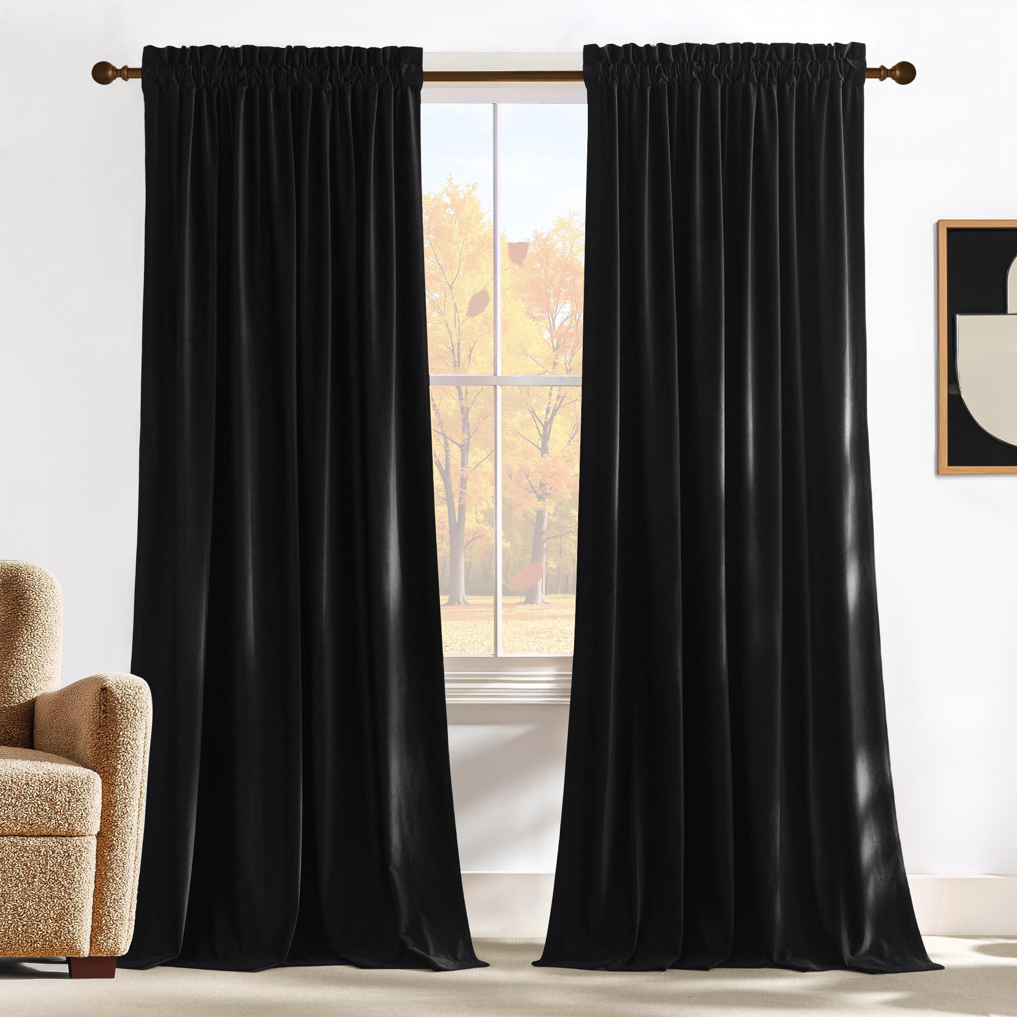 NICETOWN Black Velvet Blackout Curtains 96 inch Long for Bedroom and Living Room, Thermal Curtains Solid Heavy Rod Pocket Drapes/Window Treatments for Hall, Theater (2 Pieces, 52 W)