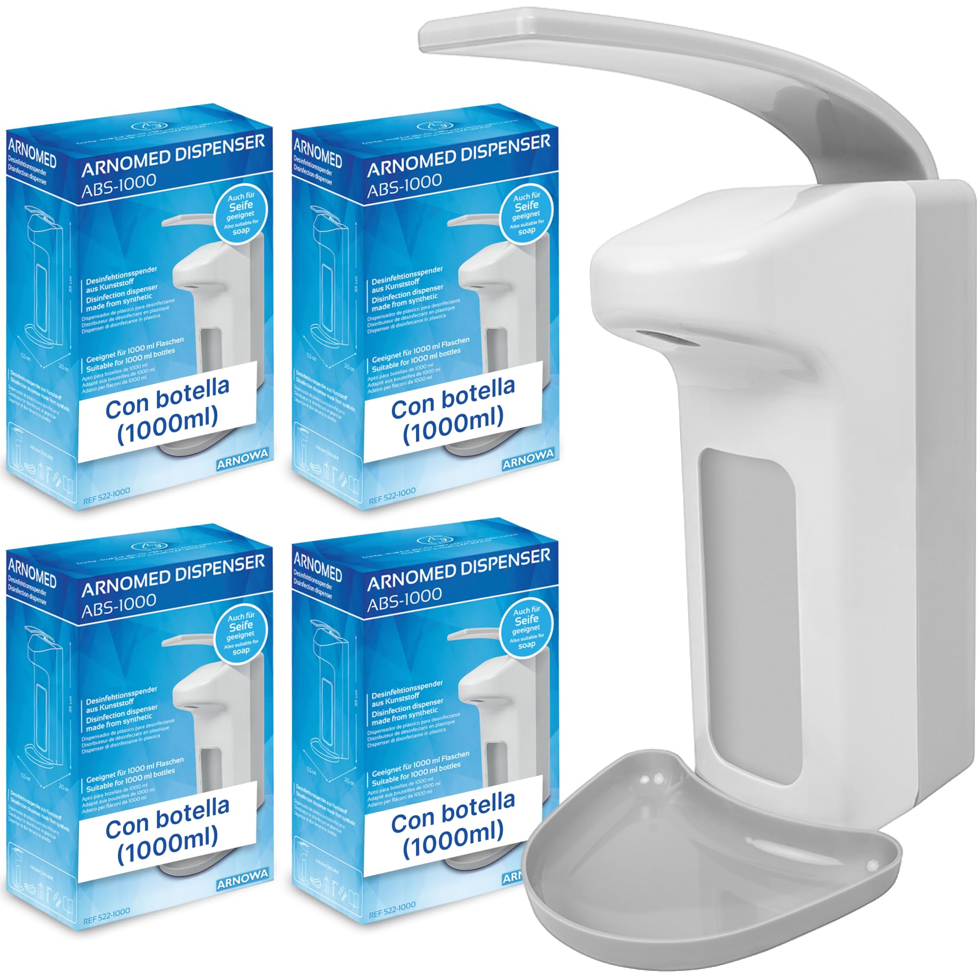 ARNOMED 4 dispensador jabon baño Pared de plástico para 1000ml, dispensador jabon Pared de Palanca, dispensador de jabon Pared Blanco, dispensador Vertical de jabón sin taladrar