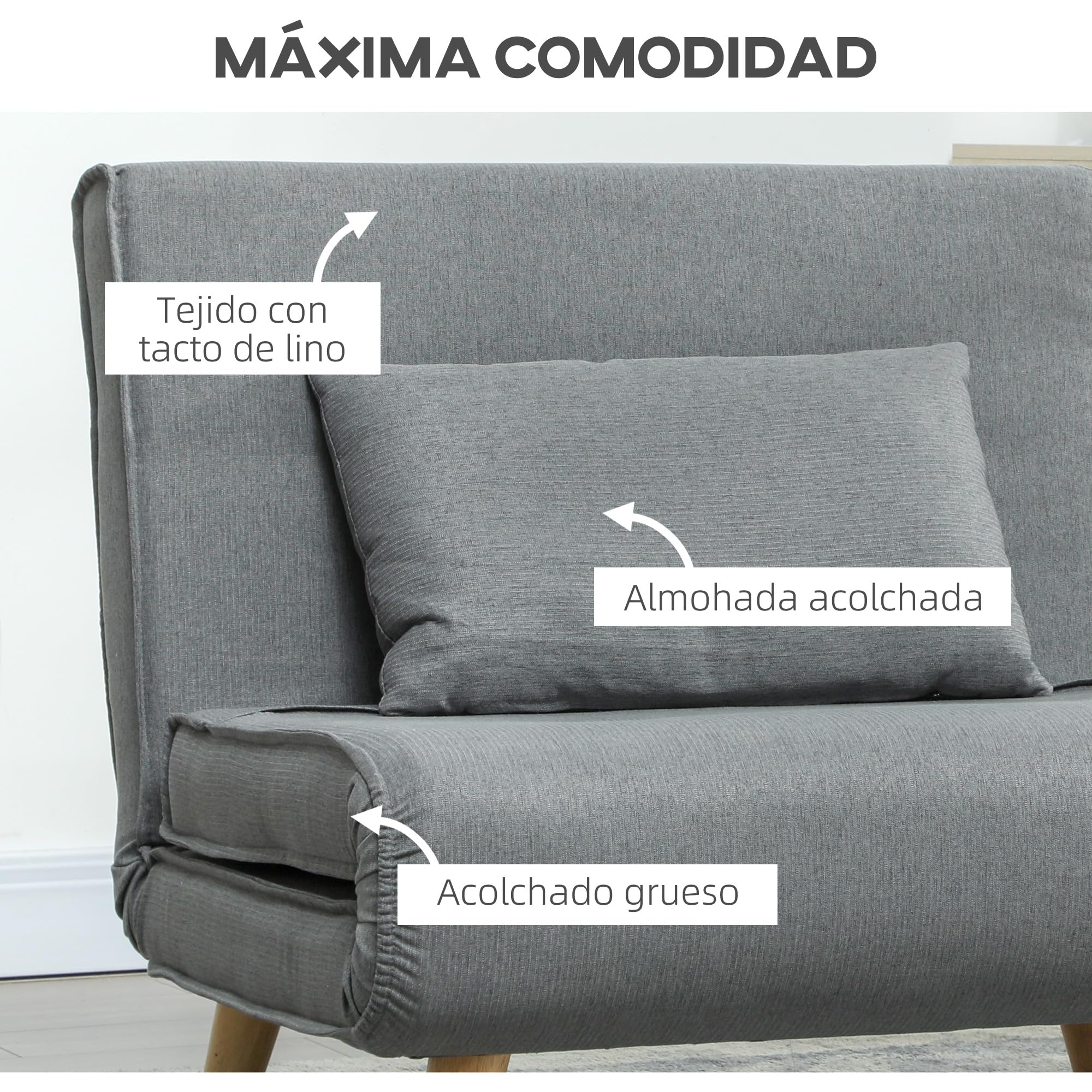 HOMCOM Sofá Cama de 1 Plaza 3 en 1, Sillón Cama Plegable Tapizado en Lino Sintético, con Respaldo Ajustable en 6 Niveles, Almohada, Asiento Ancho, Patas de Madera, 90x78x79 cm, Gris