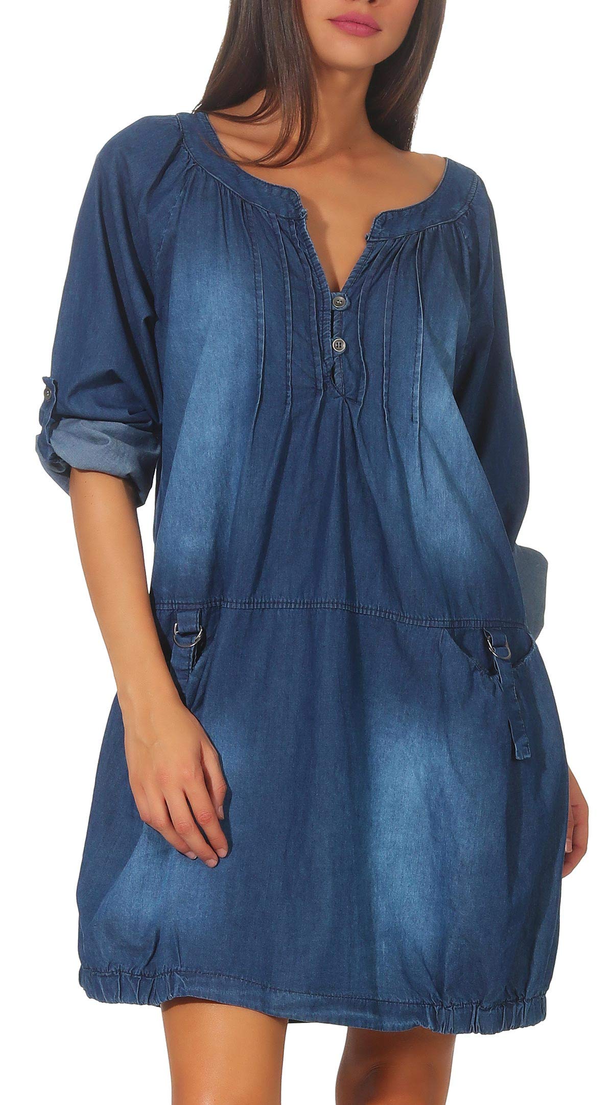 Malito – Langarm Jeanskleid Damen mit Taschen – Unisize Maxikleid für Sommer, Herbst & Winter – schickes Blusenkleid 6255 (Größe 36-42)