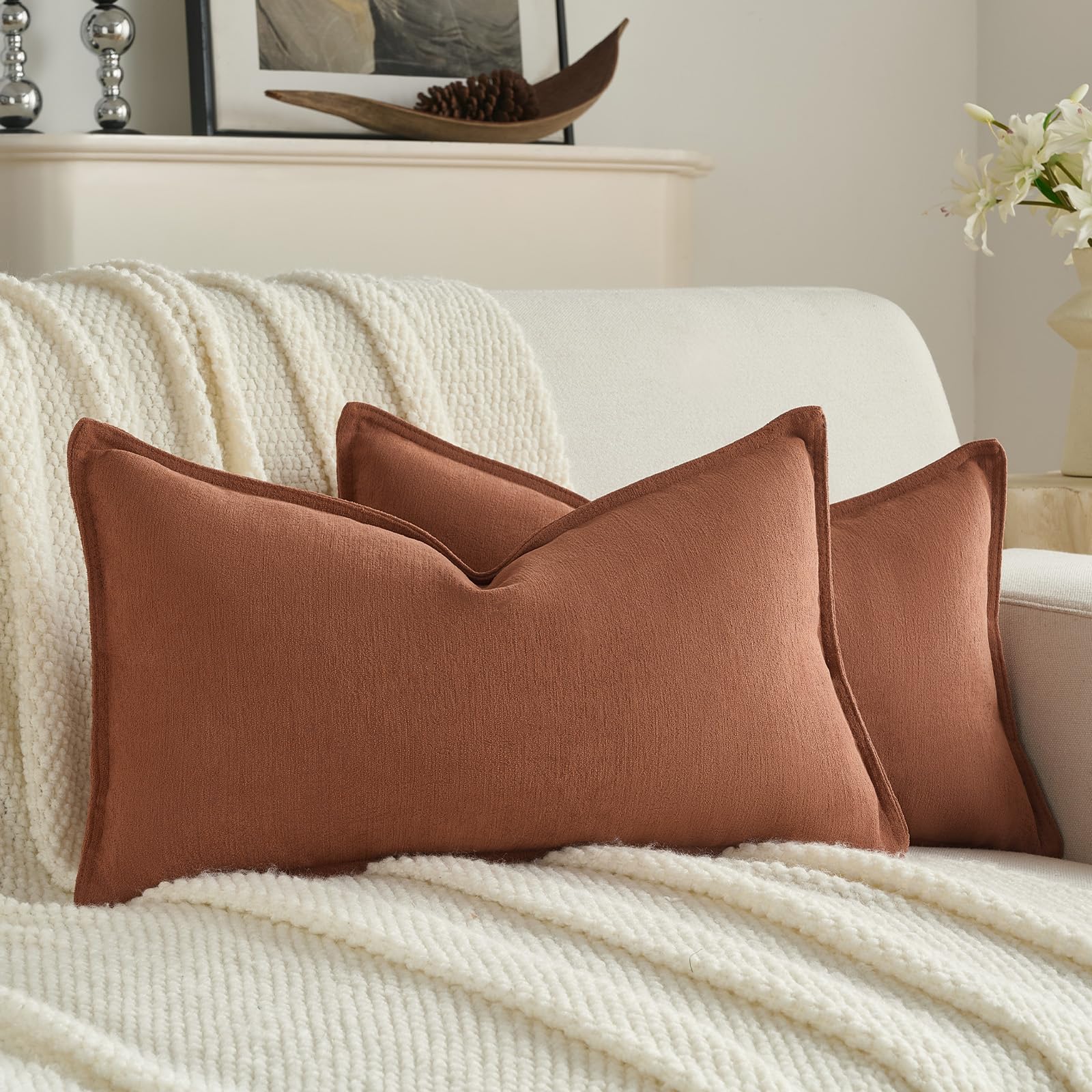 FUTEI Set of 2 Soft Chenille 30x50 cm Cushion Covers Edges Stitched Piped Scatter Lumbar Pillowcases 30 x 50 cm Modern Farmhouse Accent for Sofa Bedroom Living Room, Rust