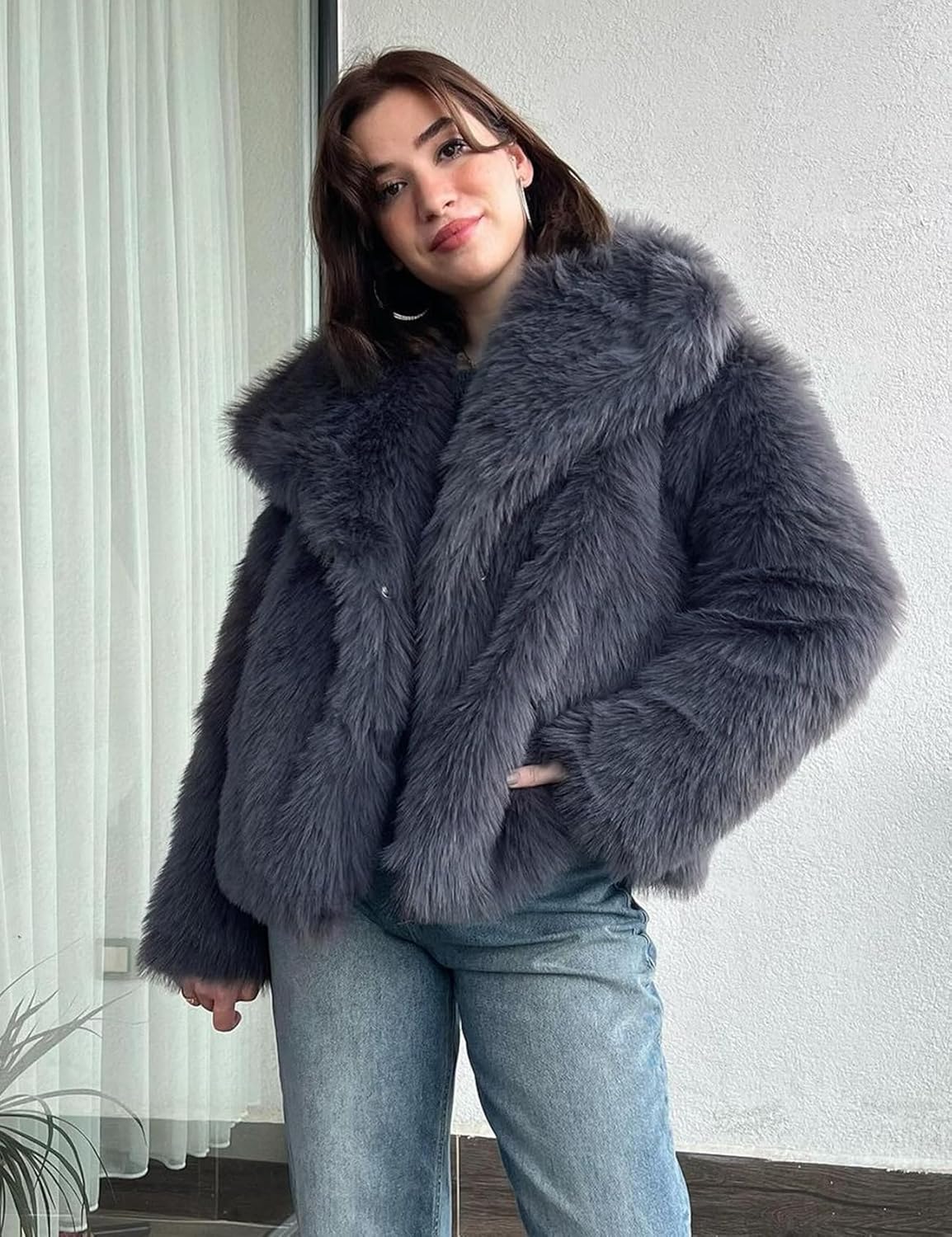 Yimoon Womens Faux Fur Coat Lapel Open Front Fluffy Shaggy Jacket Winter Warm Furry Overcoat - Image 4