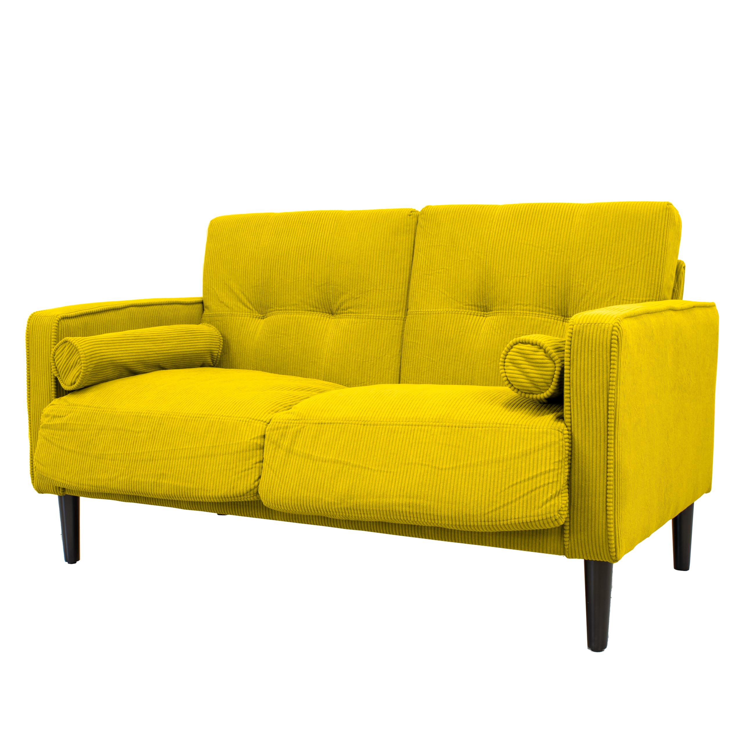 Divano fisso 2 posti Joy in velluto a coste – Struttura in legno, gambe in rubberwood, cuscini sfoderabili + 2 extra cuscini – Tessuto vellutino in poliestere – Colore Giallo Senape