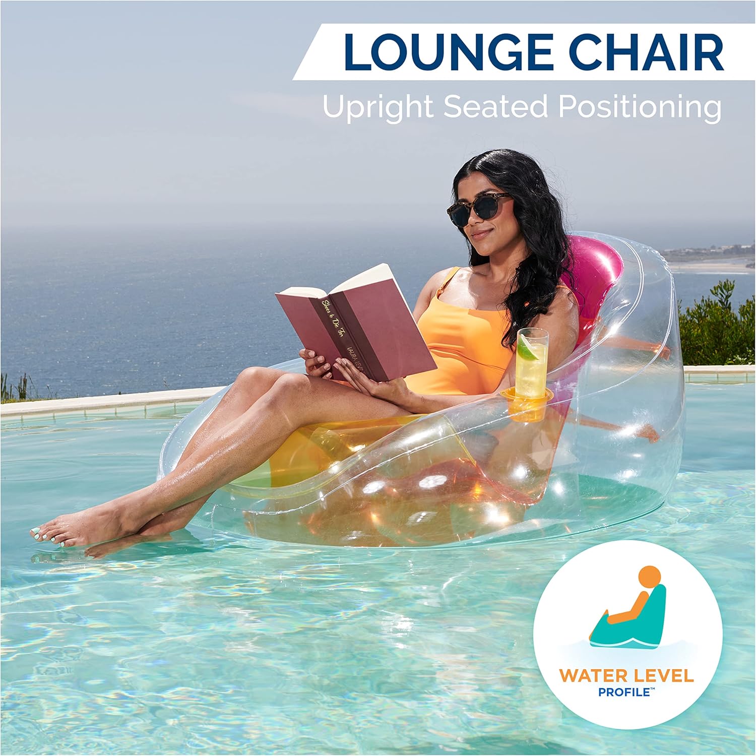 Swimways Dry Float Socializer Pool Float, Translucent Inflatable Recliner Chair for Adults with Fast Inflation, Cup Holder & Back Rest