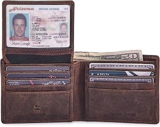 Cochoa Men's Slim RFID Blocking Leather Bifold Wallet - Crazy Horse Cognac, 10+ Cards, 2 ID Windows, Premium Gift Box