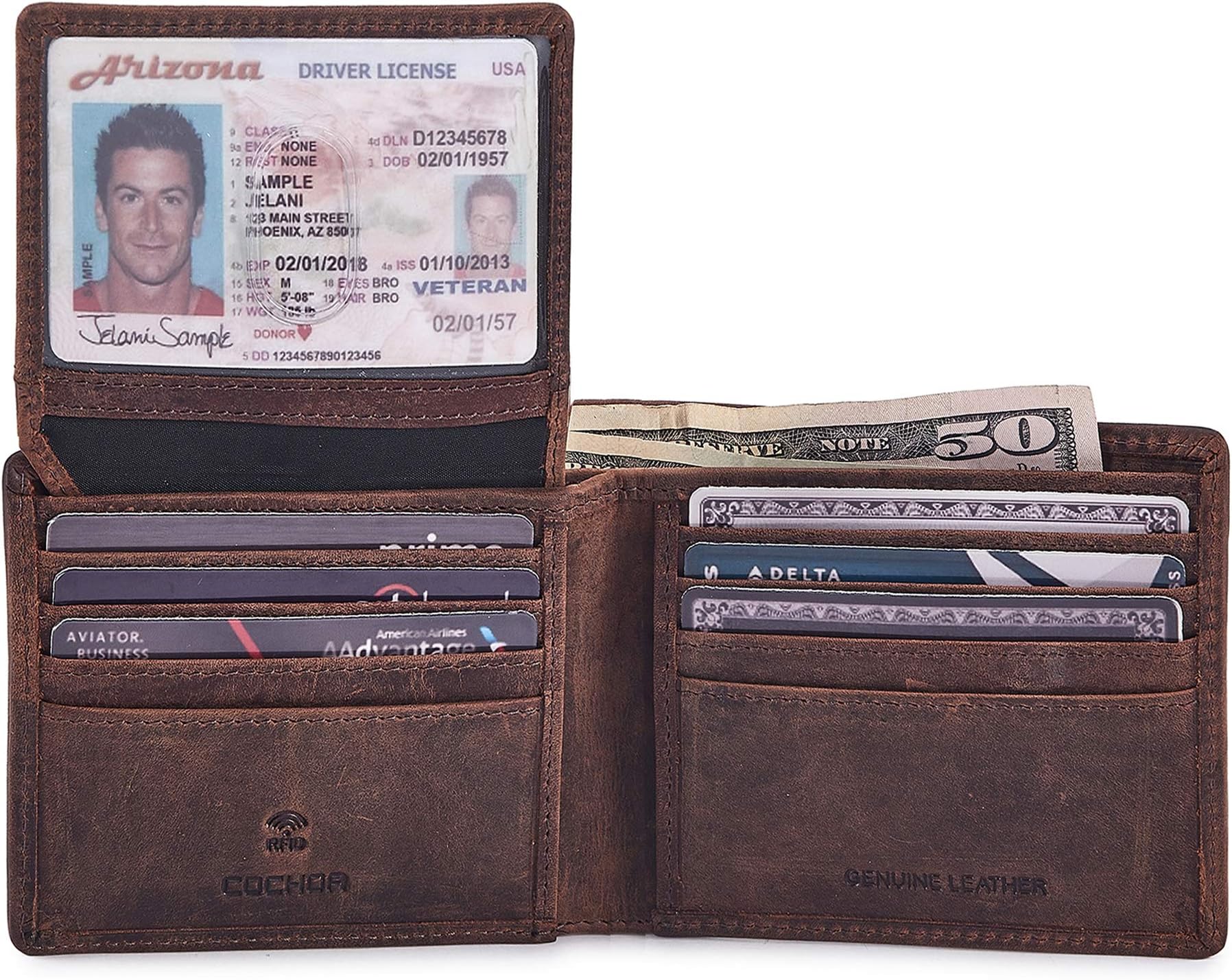 Men's RFID Blocking Bifold Wallet With 2 ID Window 3.25” x 4.25” x 0.4” COGNAC CRAZY HORSE