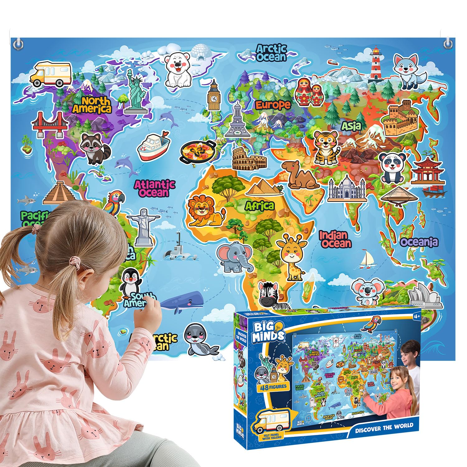 Big Minds - Découvrez Le Monde | Jeux Educatif 4 Ans Panneau En Feutre | Jouet Montessori Avec 48 Pièces | Carte Du Monde Enfant Figurines Interactives | Cadeau Enfant 4 Ans.