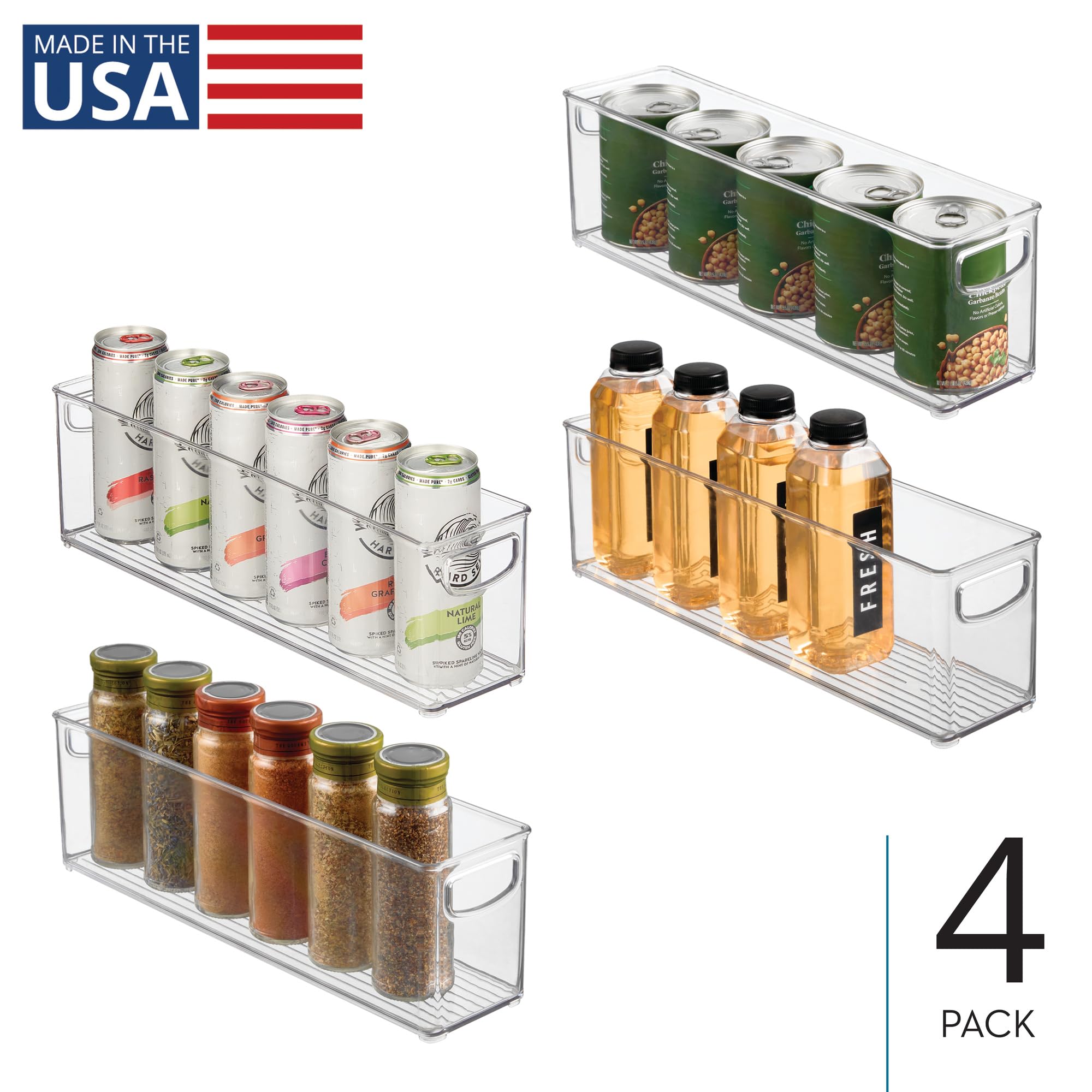 iDesign Juego de 4 organizadores de plástico reciclado con asas de fácil agarre para despensa y almacenamiento de cocina, congelador y frigorífico, transparente
