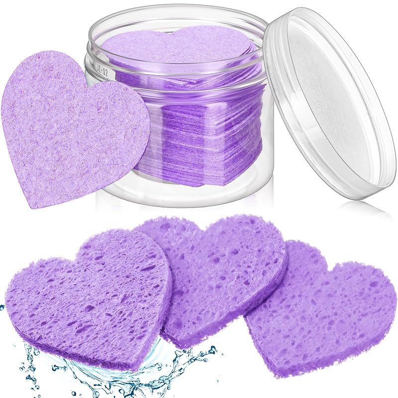 Nuenen Esponjas Faciais em Formato de Coração com Recipiente, Roxo, Pacote com 60