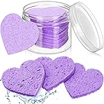 Nuenen 60 Pieces Facial Sponges with Container, Heart Shape Compressed Face Sponges Natural Cleaning Pads for Washing Face Cleaning Exfoliating Esthetician Makeup Removal(Purple)