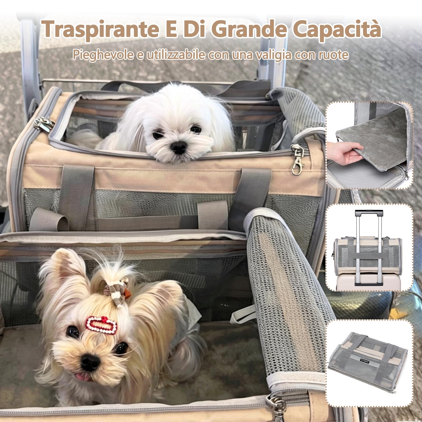 Galatée Borsa Per Animali Domestici - Traspirante, Leggera, Pieghevole, Può Essere Portata a Mano o Indossata a Tracolla, Aperture Multiple, Serratura Per Impedire La Fuga (Beige)