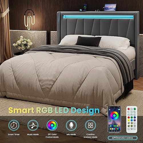 Miniatura 4 de SHA CERLIN Base de cama de tamaño matrimonial con estación de carga y luces LED, cama moderna de plataforma de terciopelo con cabecera tapizada