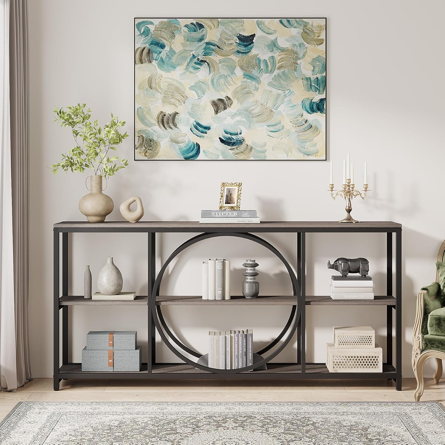 Tribesigns 70.9 inch Sofa Console Table, Extra Long Narrow Entryway Tables with 3 Tier Wood Storage Shelves Metal Frame for Foyer Hallway Living Room Behind Couch, Black Rustic Gray