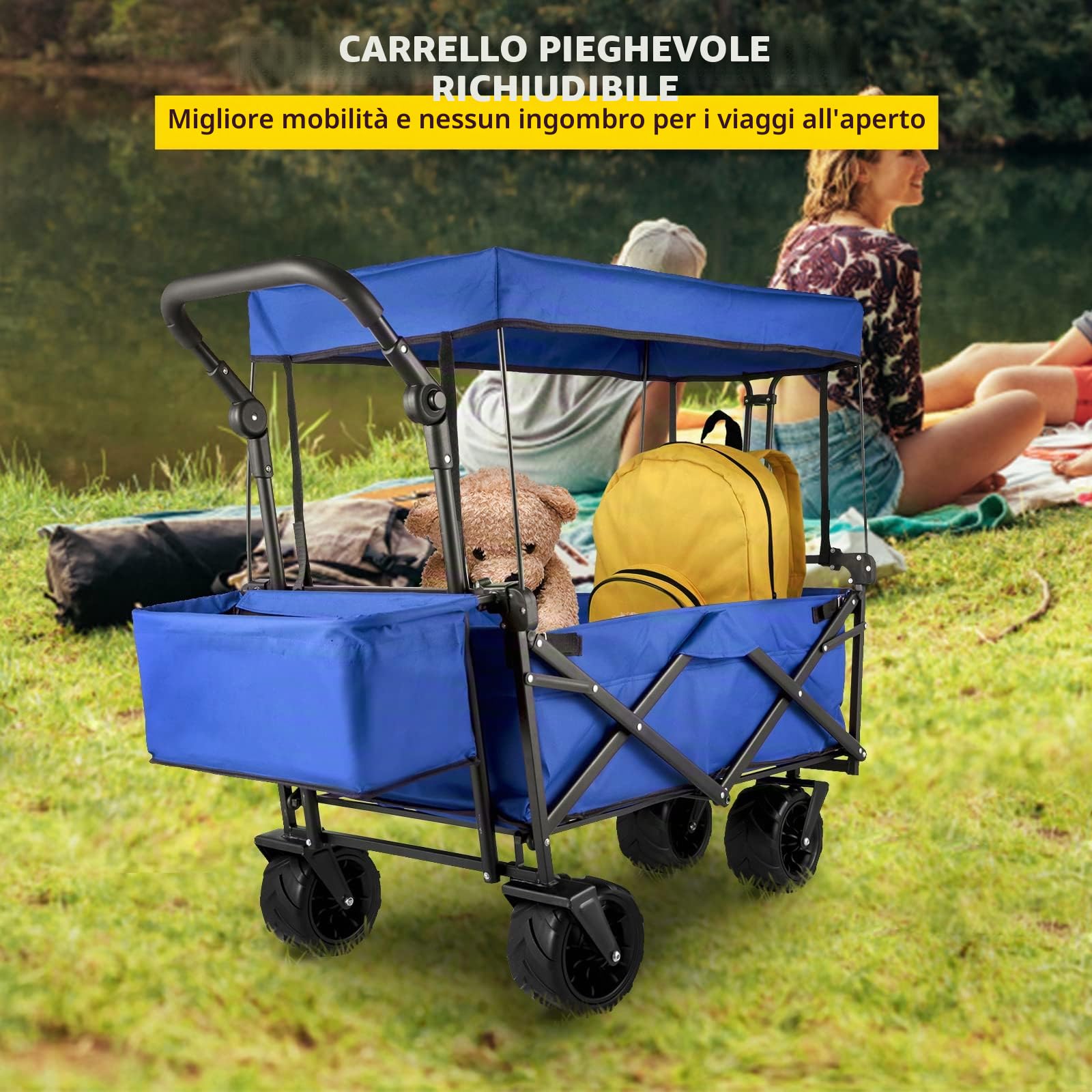 VEVOR Carrello Pieghevole Blu Impermeabile con Tetto da 98,7x54,3x98,5 cm, Carello Portatile con Baldachino Pieghevole capacità 100 kg, Rimorchio per la Spesa Adatto per Traslocchi, Campeggi e Viaggi