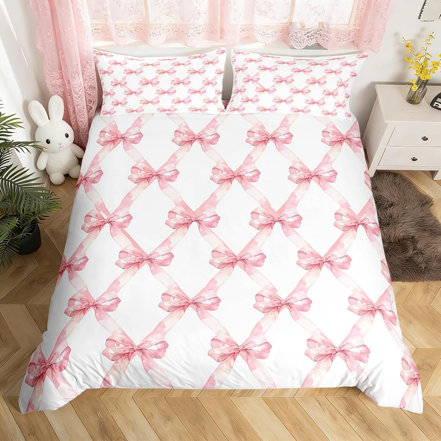 Manfei Pink Bowknot Duvet Cover Dreamy Princess Style Kids Girls Bedding Set Watercolor Bow Geometric Grids White Comforter Cover(No Filler) for Room Decor Bedspread Toddler Size with 1 Pillowcase