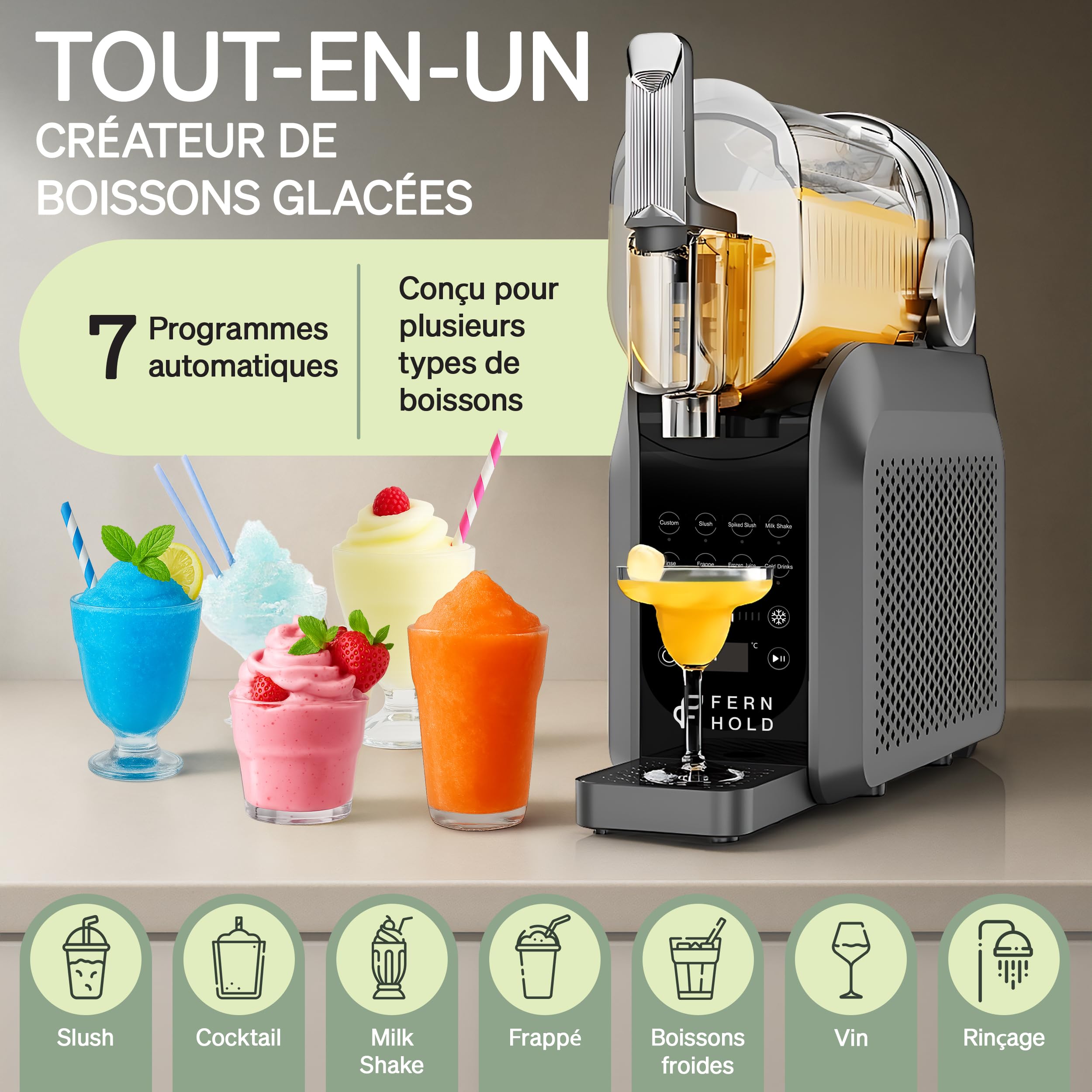 Machine à Granité 2,6 L, 7 en 1, sans glaçons – Machine à Slush avec écran LED & 7 programmes pour granité, frappé, milkshake, cocktails glacés, jus et boissons fraîches
